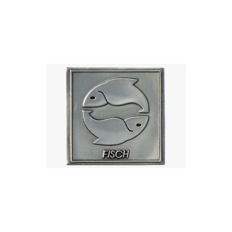Zinnetikett „Fisch“, quadratisch, Metall, silber