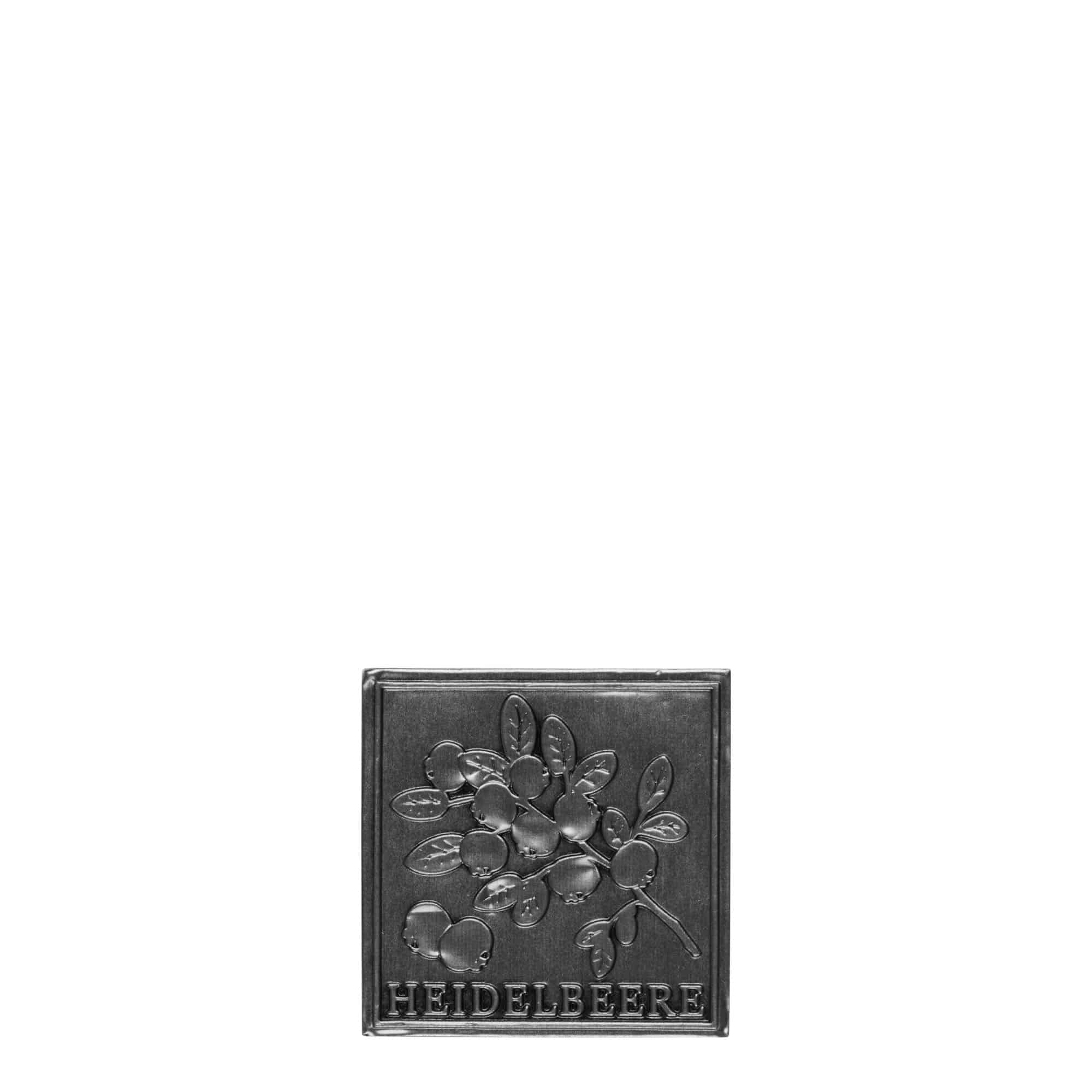 Zinnetikett 'Heidelbeere', quadratisch, Metall, silber