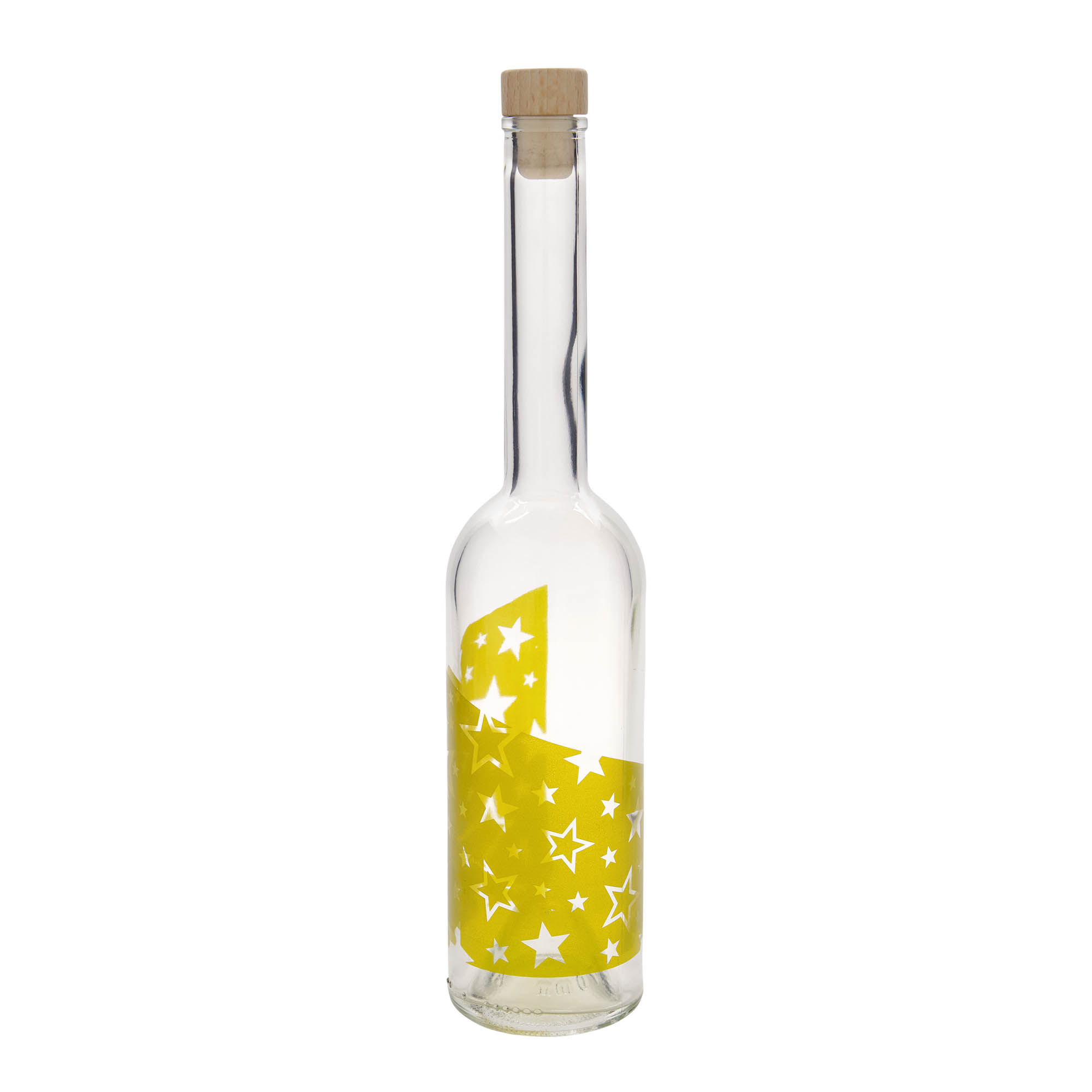 500 ml Glasflasche 'Opera', Motiv: Goldsterne, Mündung: Kork 500 ml Glasflasche 'Opera', Motiv: Goldsterne, Mündung: Kork