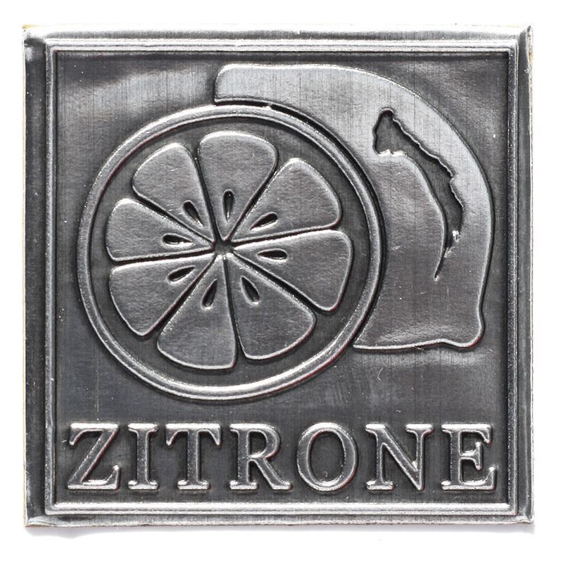 Zinnetikett 'Zitrone', quadratisch, Metall, silber Zinnetikett 'Zitrone', quadratisch, Metall, silber