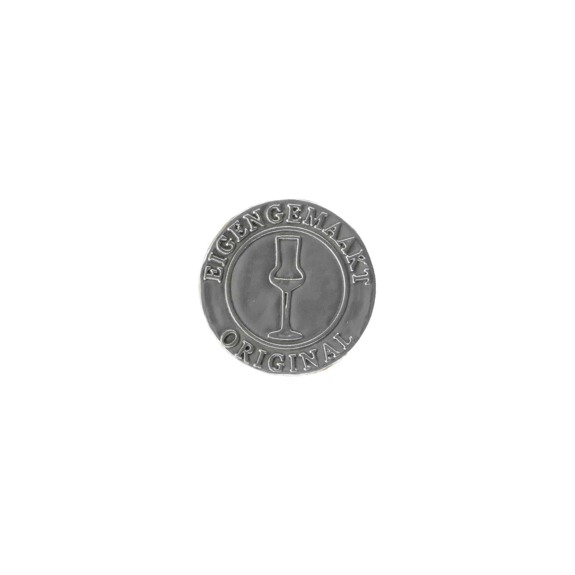 Zinnetikett „Eigengemaakt“, rund, Metall, silber