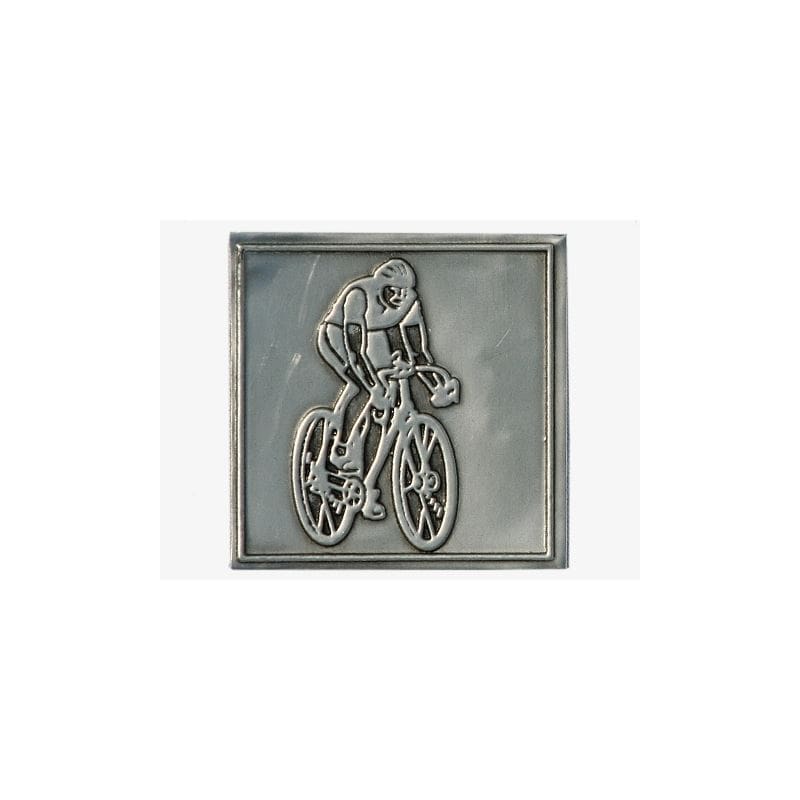 Zinnetikett „Fahrradfahrer“, quadratisch, Metall, silber