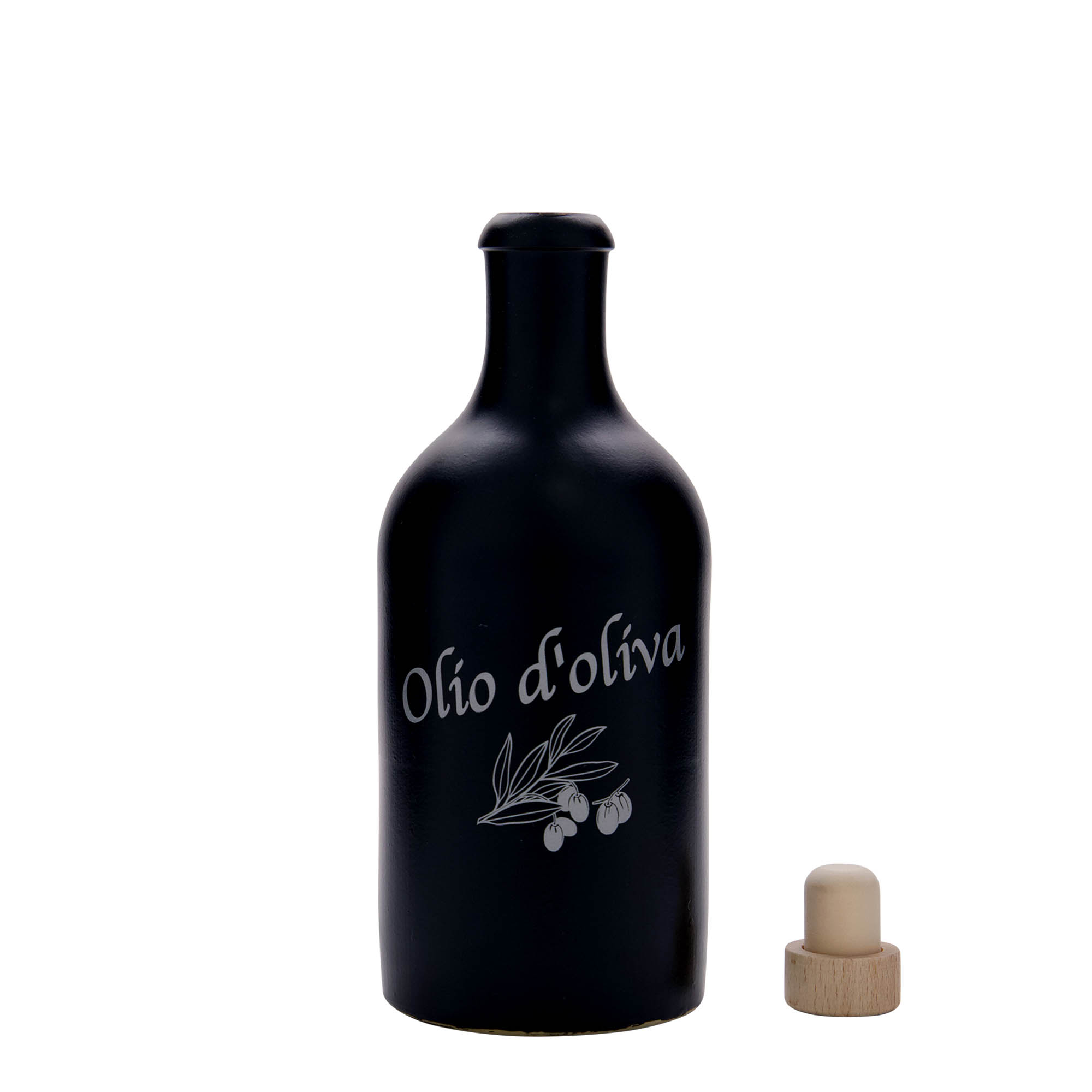 500 ml Tonkrug, Motiv: Olio d'Oliva, Steinzeug, schwarz, Mündung: Kork 500 ml Tonkrug, Motiv: Olio d'Oliva, Steinzeug, schwarz, Mündung: Kork
