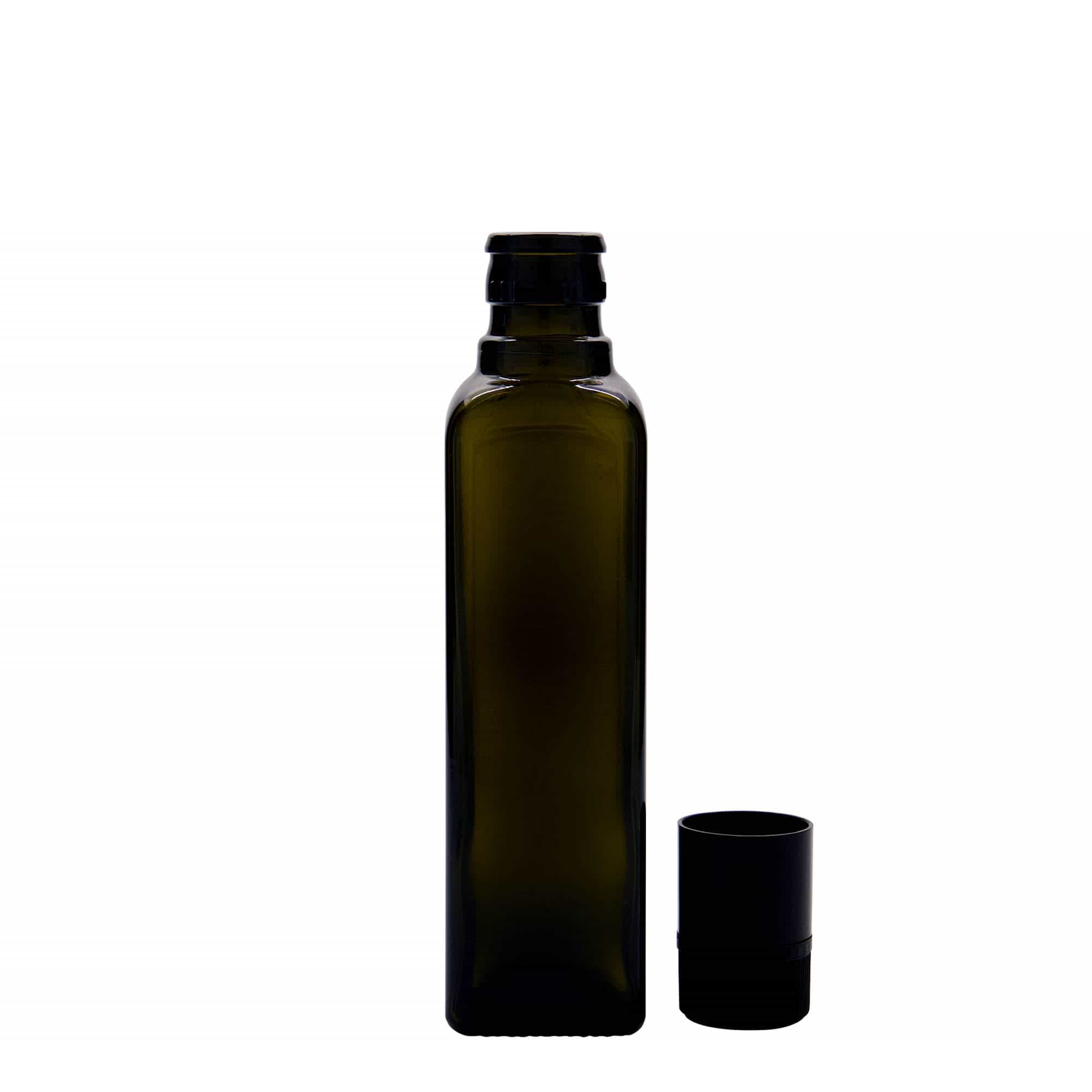 250 ml Essig-/Ölflasche „Quadra“, Glas, quadratisch, antikgrün, Mündung: DOP