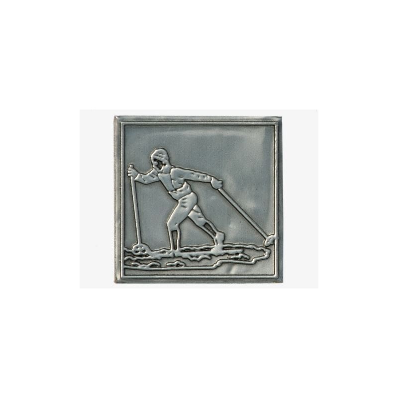 Zinnetikett 'Skilangläufer', quadratisch, Metall, silber