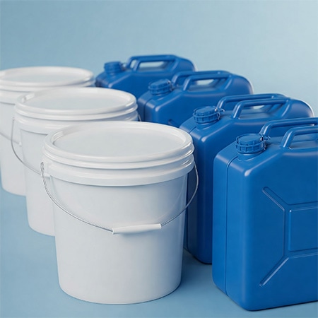 Weiße Eimer und blaue Kanister Stimmungsbild: Weiße Eimer und blaue Kanister für Chemikalien