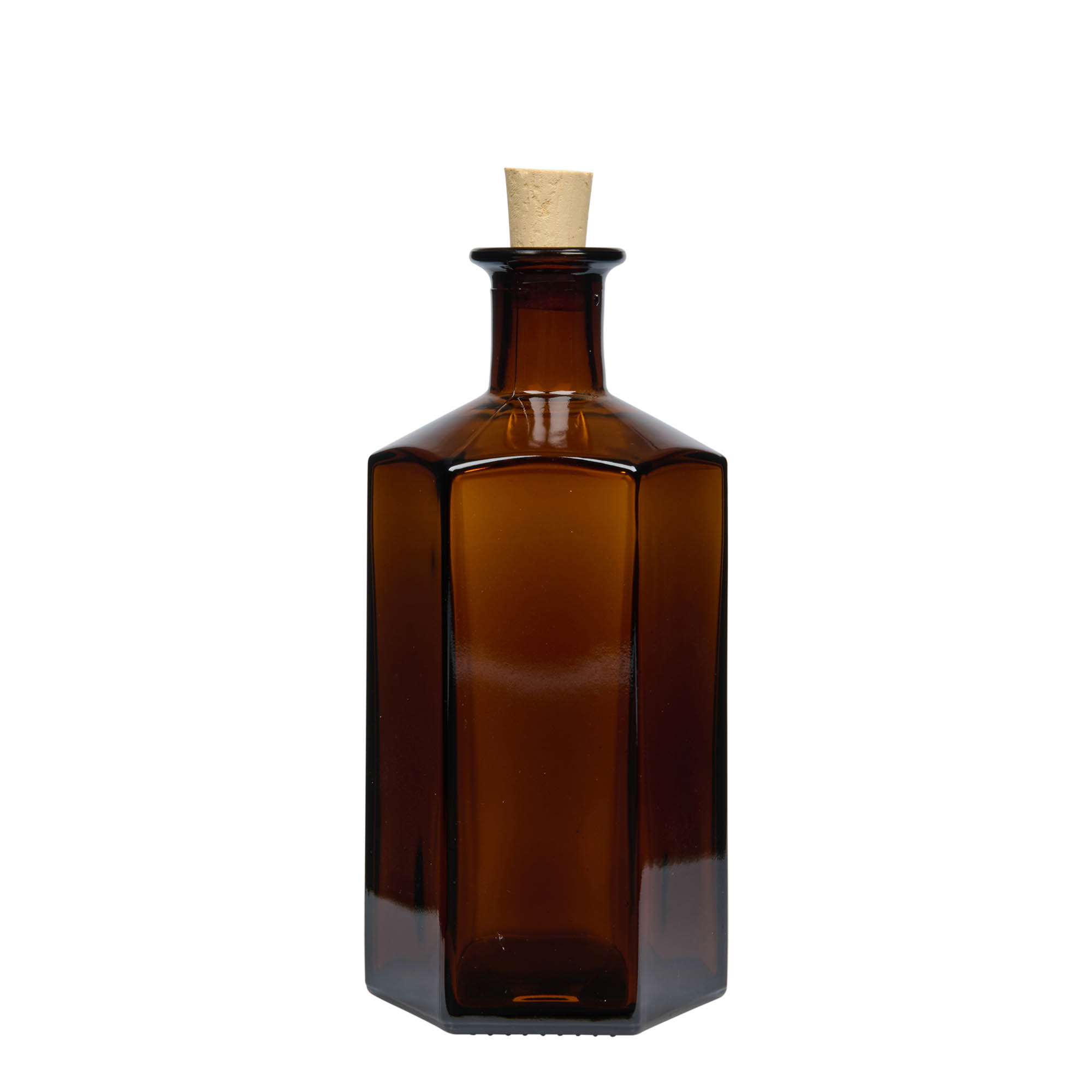 500 ml Glasflasche Apotheker 'Jimmy', sechseckig, braun, Mündung: Kork 500 ml Glasflasche Apotheker 'Jimmy', sechseckig, braun, Mündung: Kork