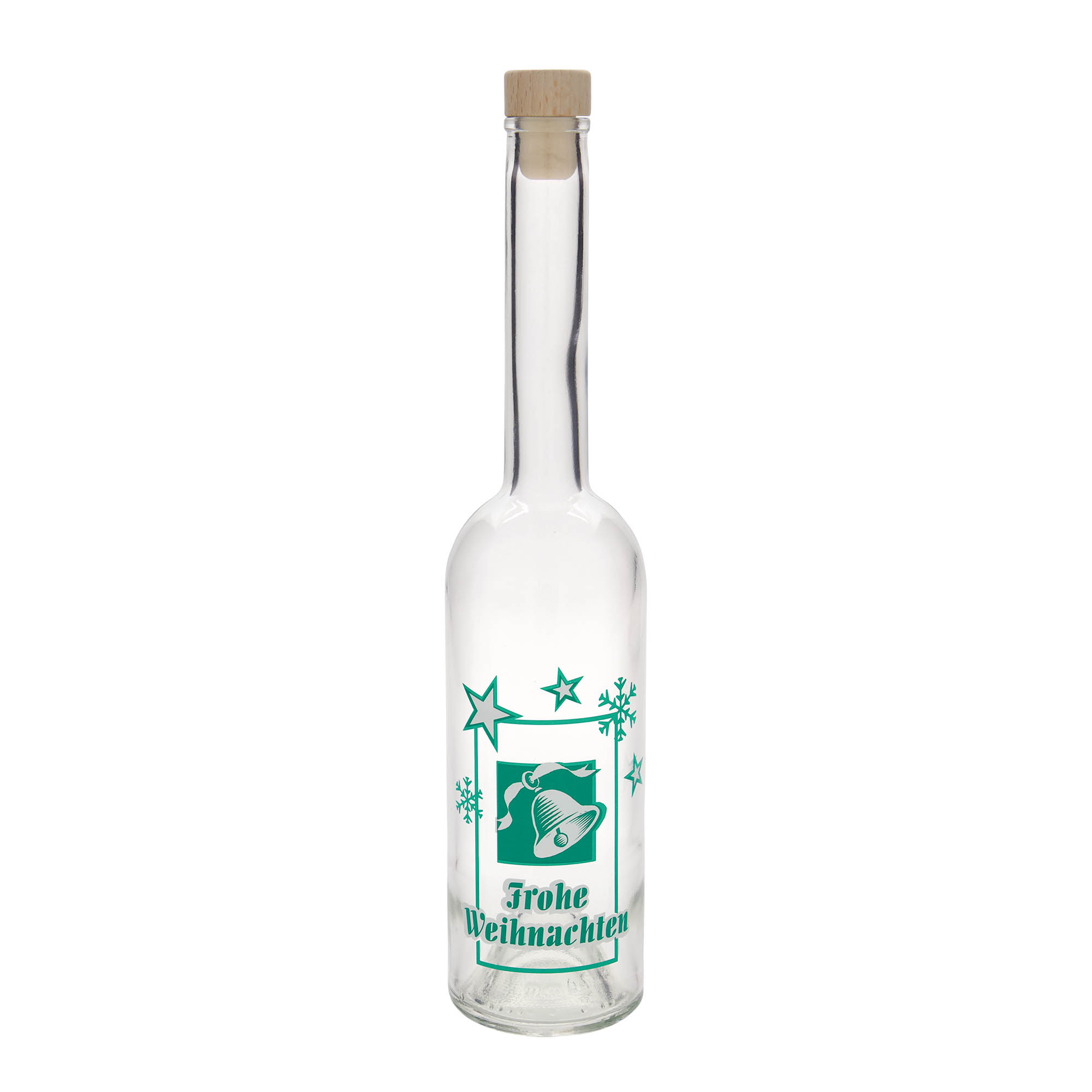 500 ml Glasflasche 'Opera', Motiv: Frohe Weihnachten, Mündung: Kork 500 ml Glasflasche 'Opera', Motiv: Frohe Weihnachten, Mündung: Kork