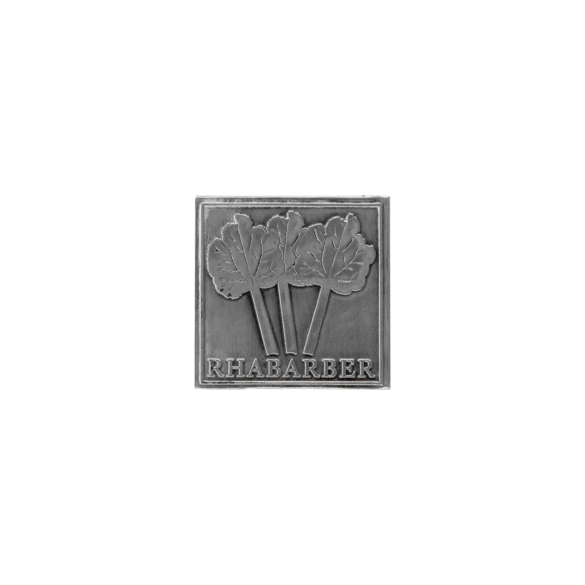 Zinnetikett 'Rhabarber', quadratisch, Metall, silber Zinnetikett 'Rhabarber', quadratisch, Metall, silber