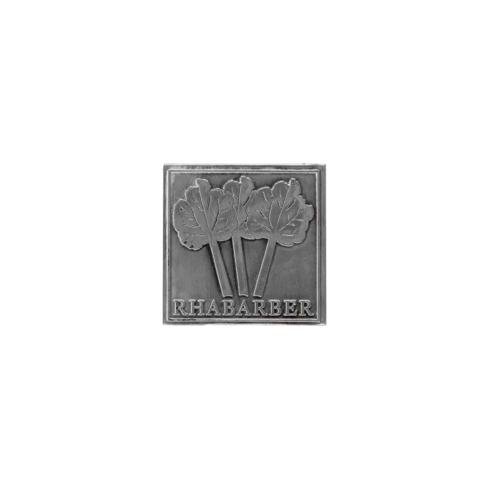 Zinnetikett „Rhabarber“, quadratisch, Metall, silber