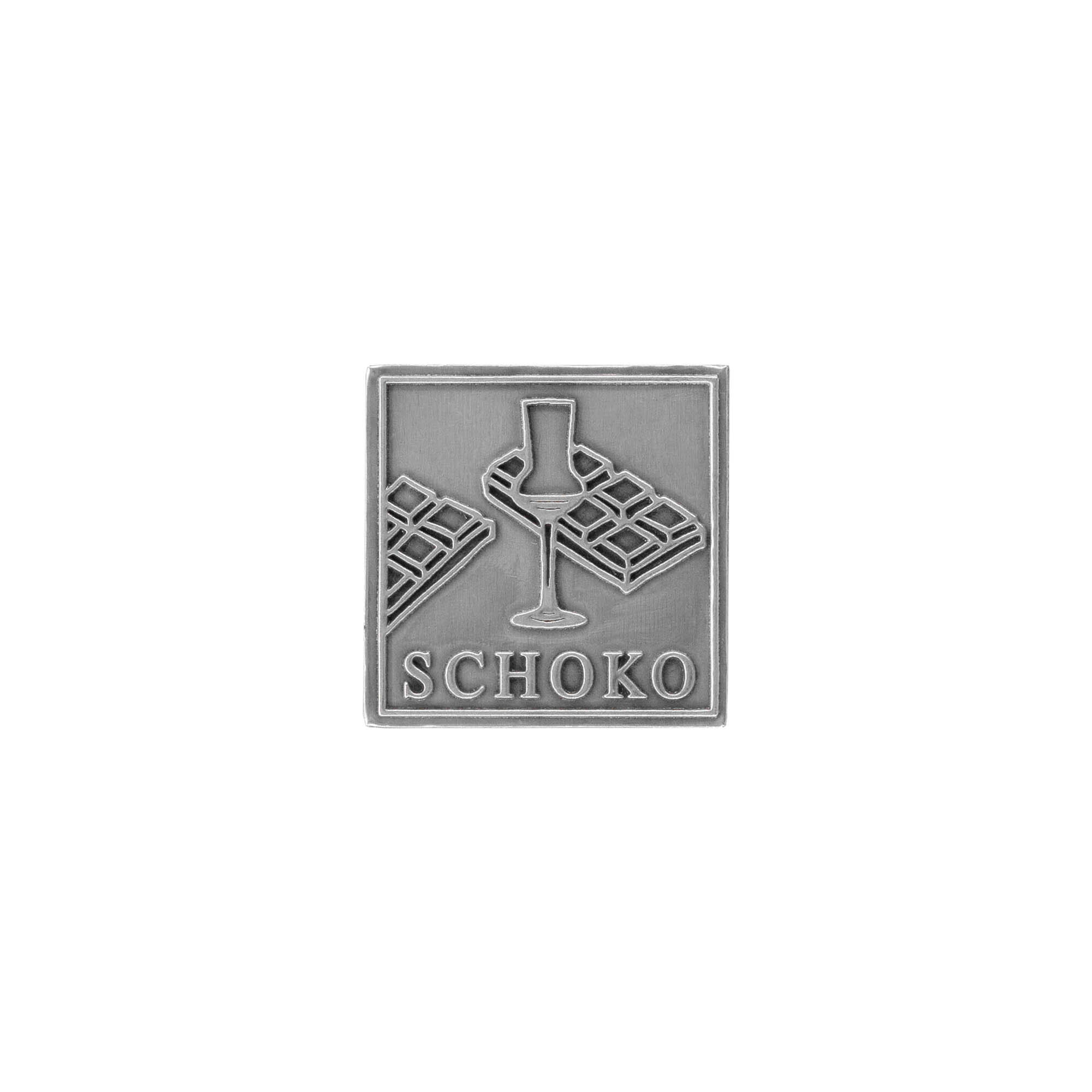 Zinnetikett „Schoko“, quadratisch, Metall, silber