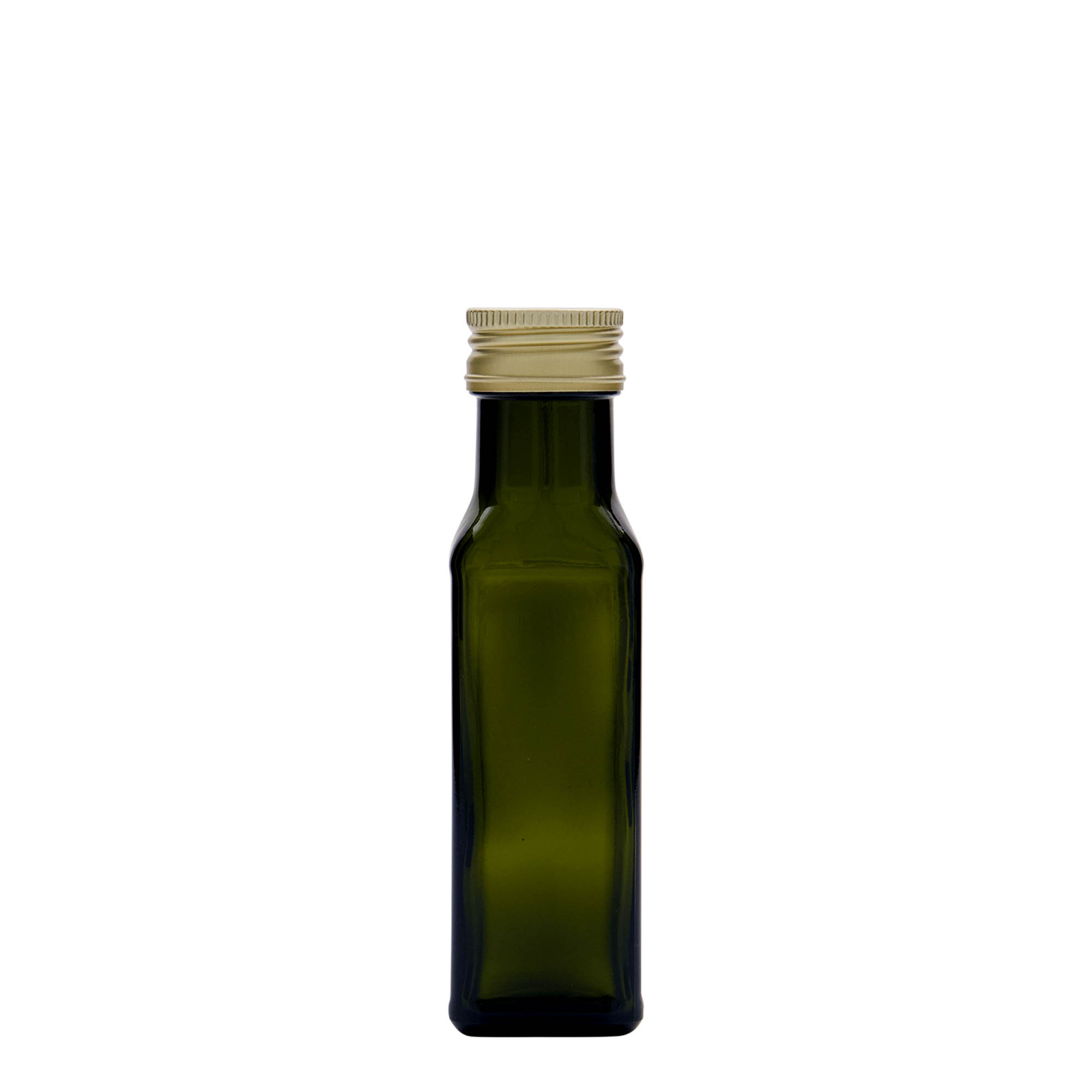 100 ml Glasflasche „Marasca“, quadratisch, antikgrün, Mündung: PP 31,5