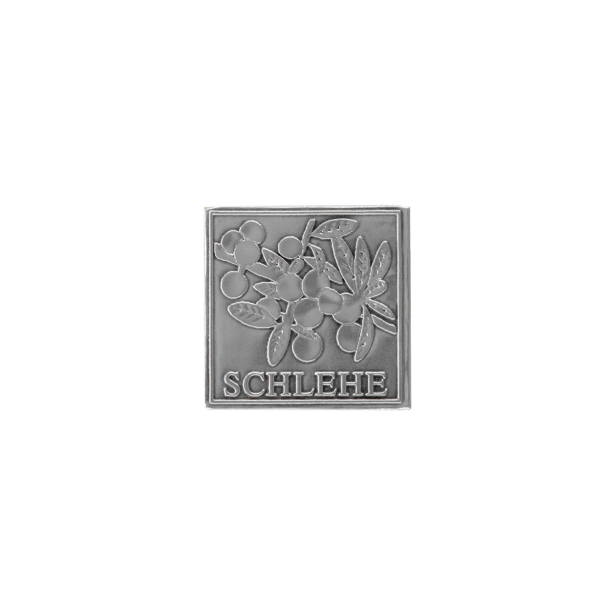 Zinnetikett „Schlehe“, quadratisch, Metall, silber