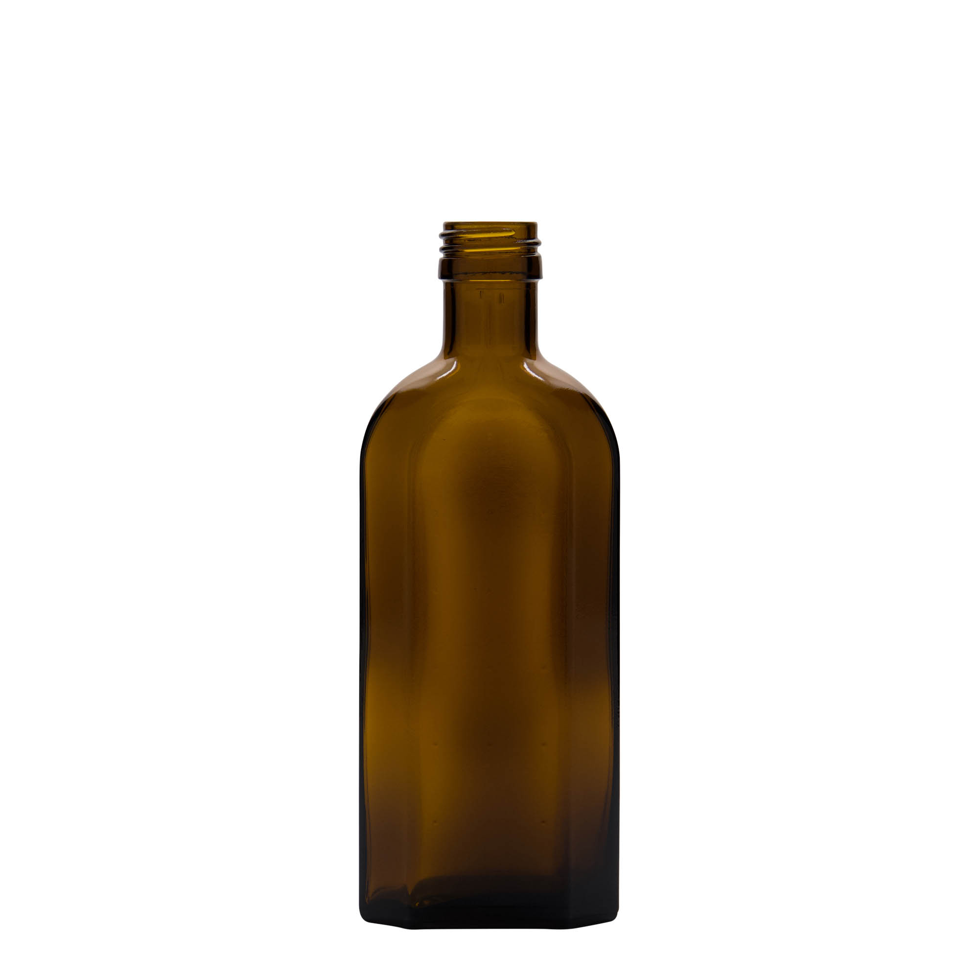 250 ml Medizinflasche Meplat, oval, Glas, braun, Mündung: PP 28