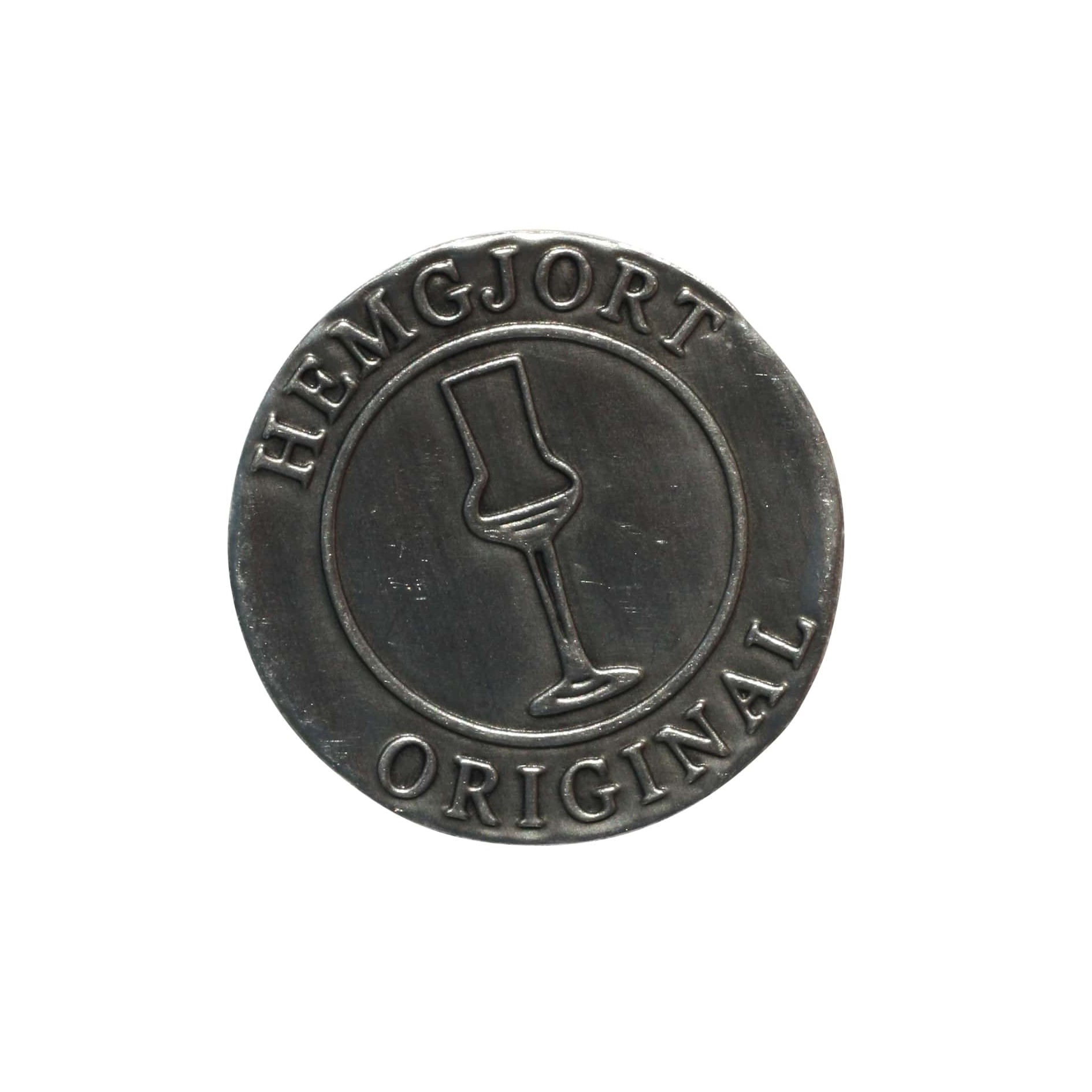 Zinnetikett 'Hemgjort Original', rund, Metall, silber