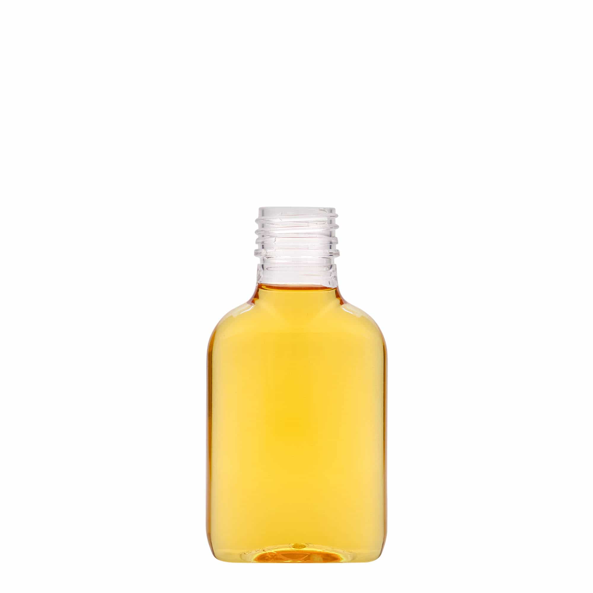 100 ml Taschenflasche, oval, PET-Kunststoff, Mündung: PP 28 100 ml Taschenflasche, oval, PET-Kunststoff, Mündung: PP 28