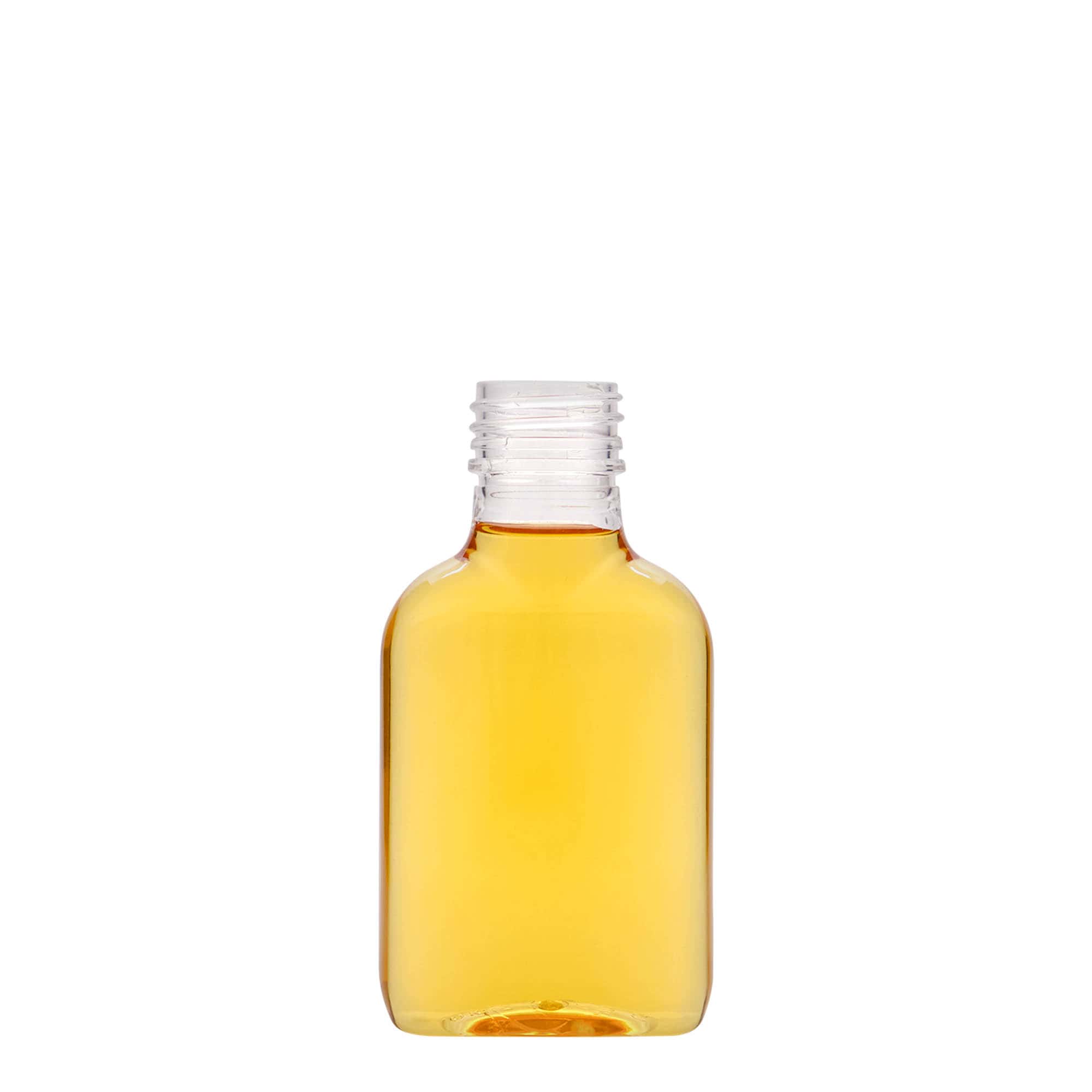 100 ml Taschenflasche, oval, PET-Kunststoff, Mündung: PP 28 100 ml Taschenflasche, oval, PET-Kunststoff, Mündung: PP 28