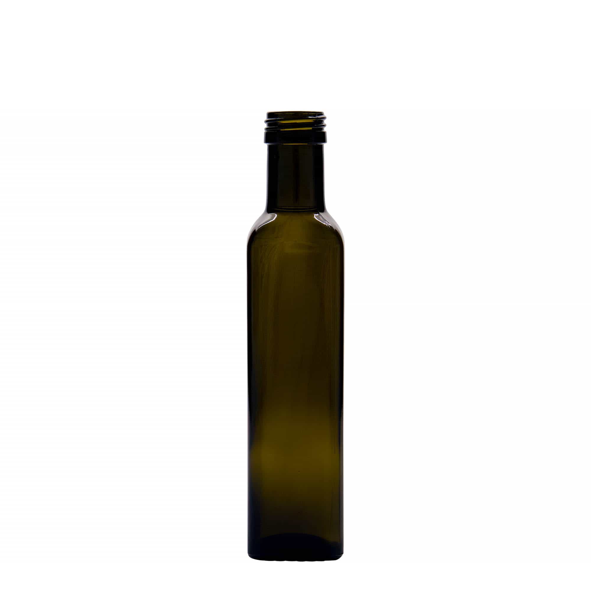 250 ml Glasflasche 'Marasca', quadratisch, antikgrün, Mündung: PP 31,5