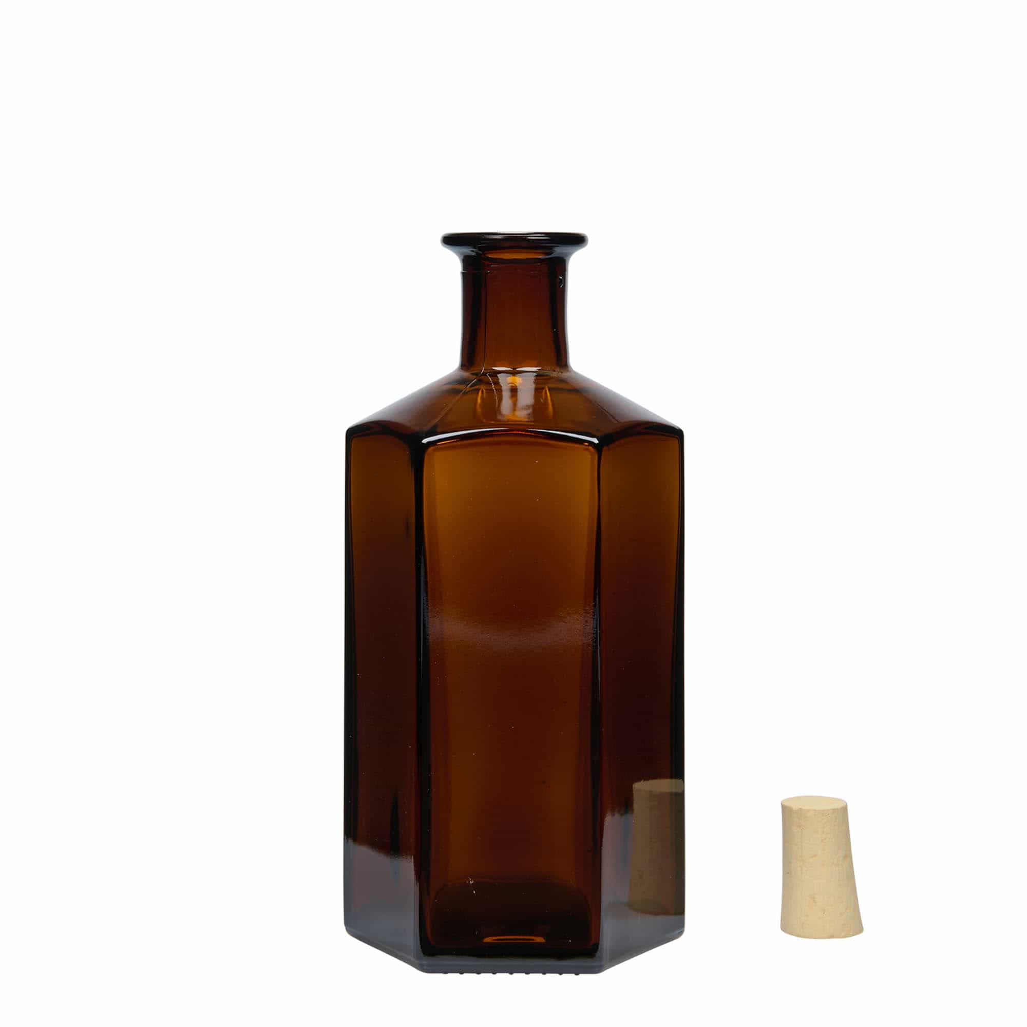 500 ml Glasflasche Apotheker 'Jimmy'. sechseckig. braun. Mündung: Kork