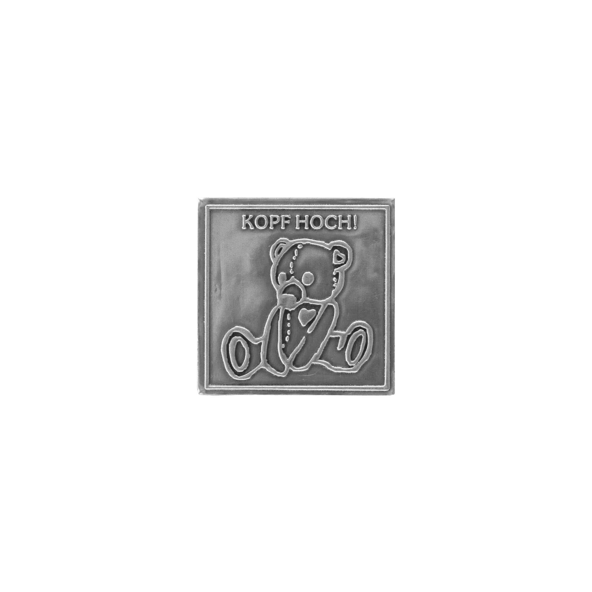 Zinnetikett 'Kopf Hoch', quadratisch, Metall, silber Zinnetikett 'Kopf Hoch', quadratisch, Metall, silber