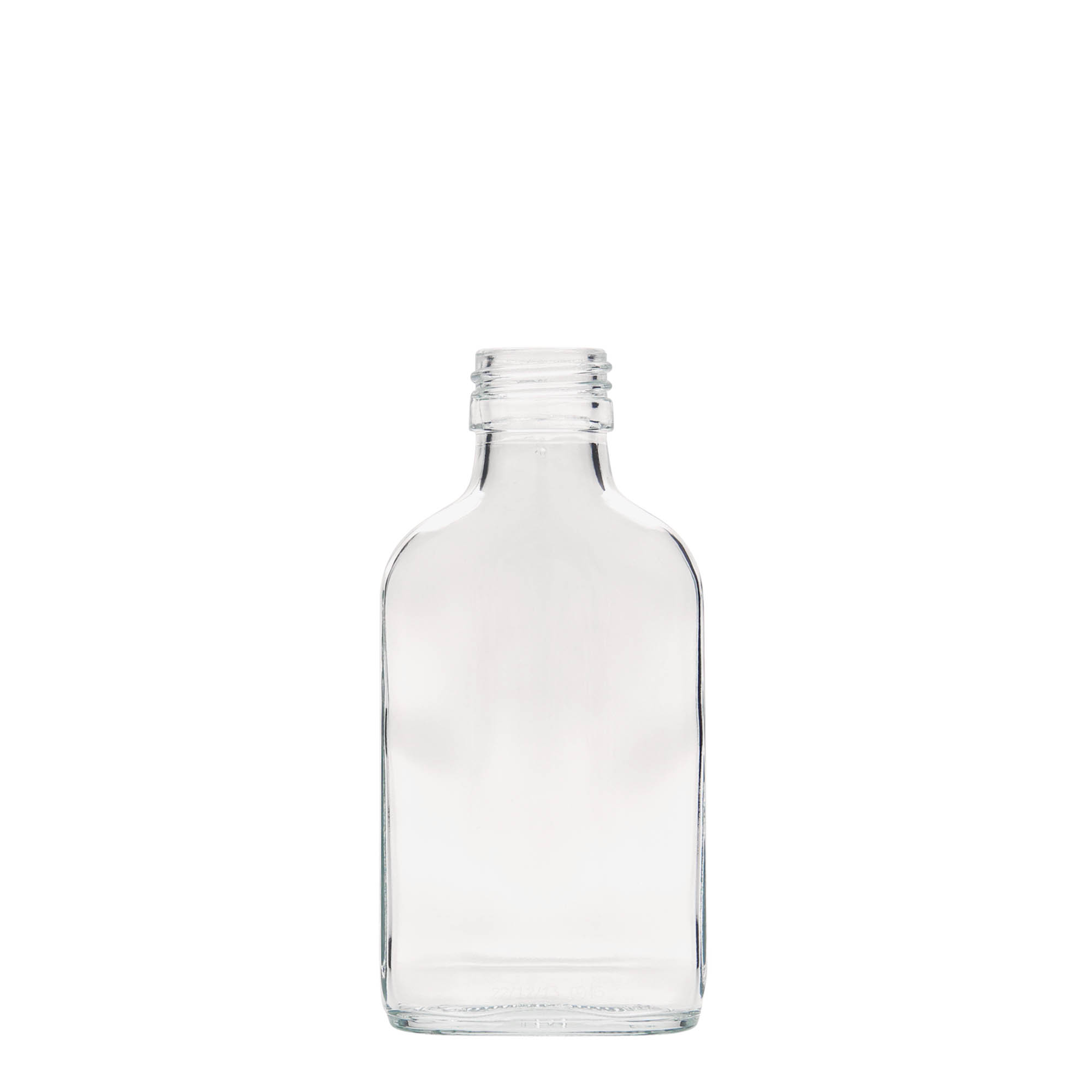 100 ml Taschenflasche, rechteckig, Glas, Mündung: PP 28 100 ml Taschenflasche, rechteckig, Glas, Mündung: PP 28