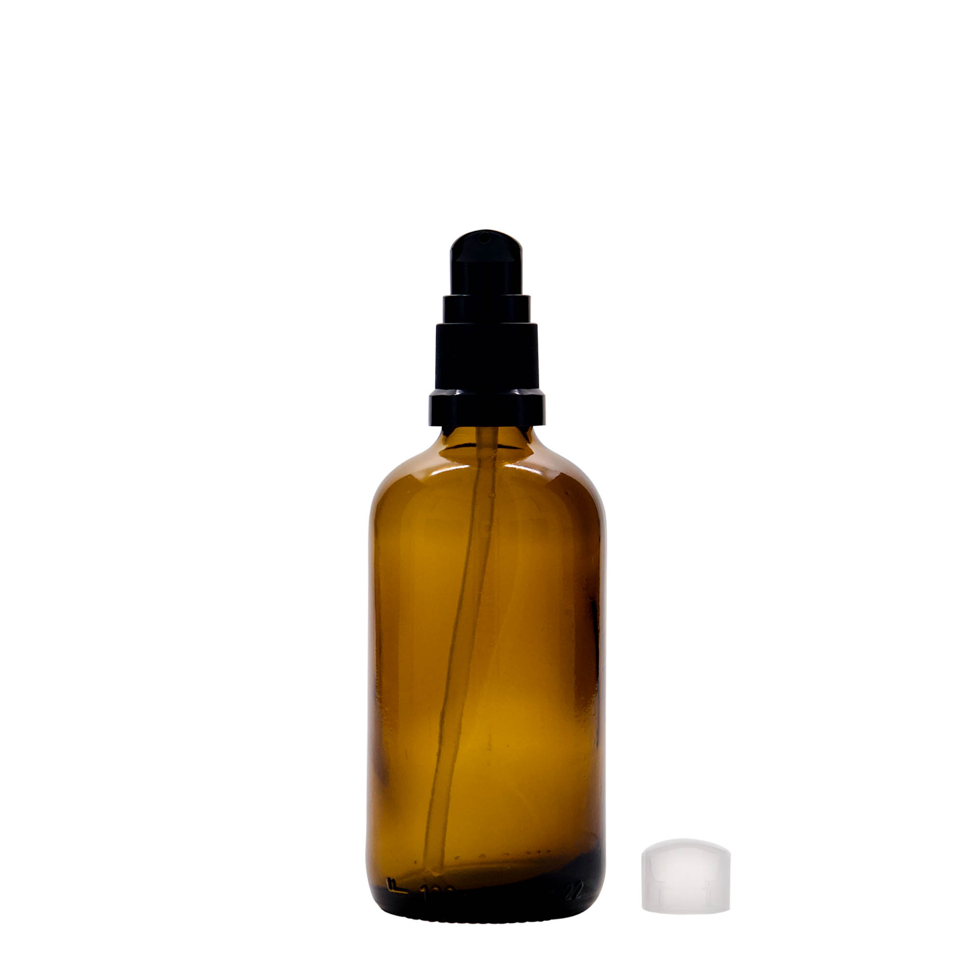 100 ml Medizinflasche mit Lotionspumpe, Glas, braun, Mündung: DIN 18 100 ml Medizinflasche mit Lotionspumpe, Glas, braun, Mündung: DIN 18