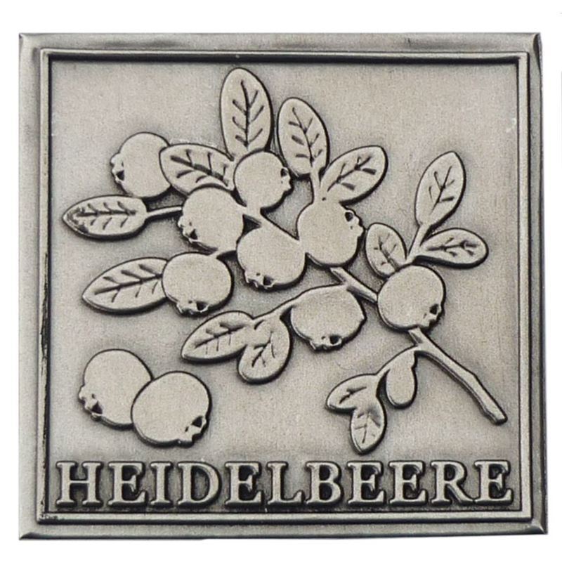 Zinnetikett 'Heidelbeere', quadratisch, Metall, silber