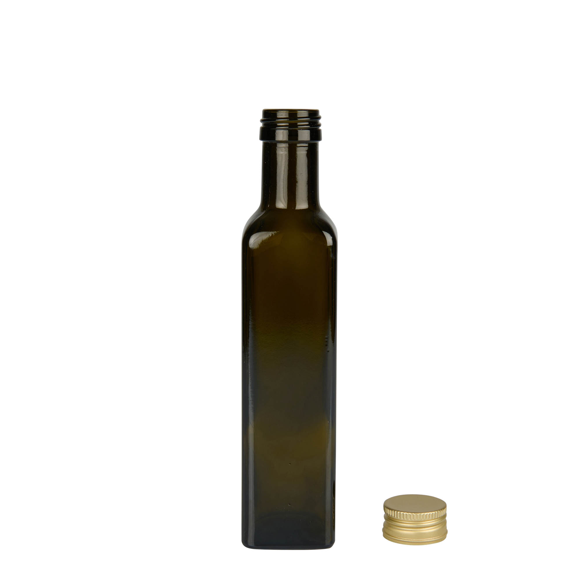250 ml Glasflasche „Marasca“, quadratisch, antikgrün, Mündung: PP 31,5
