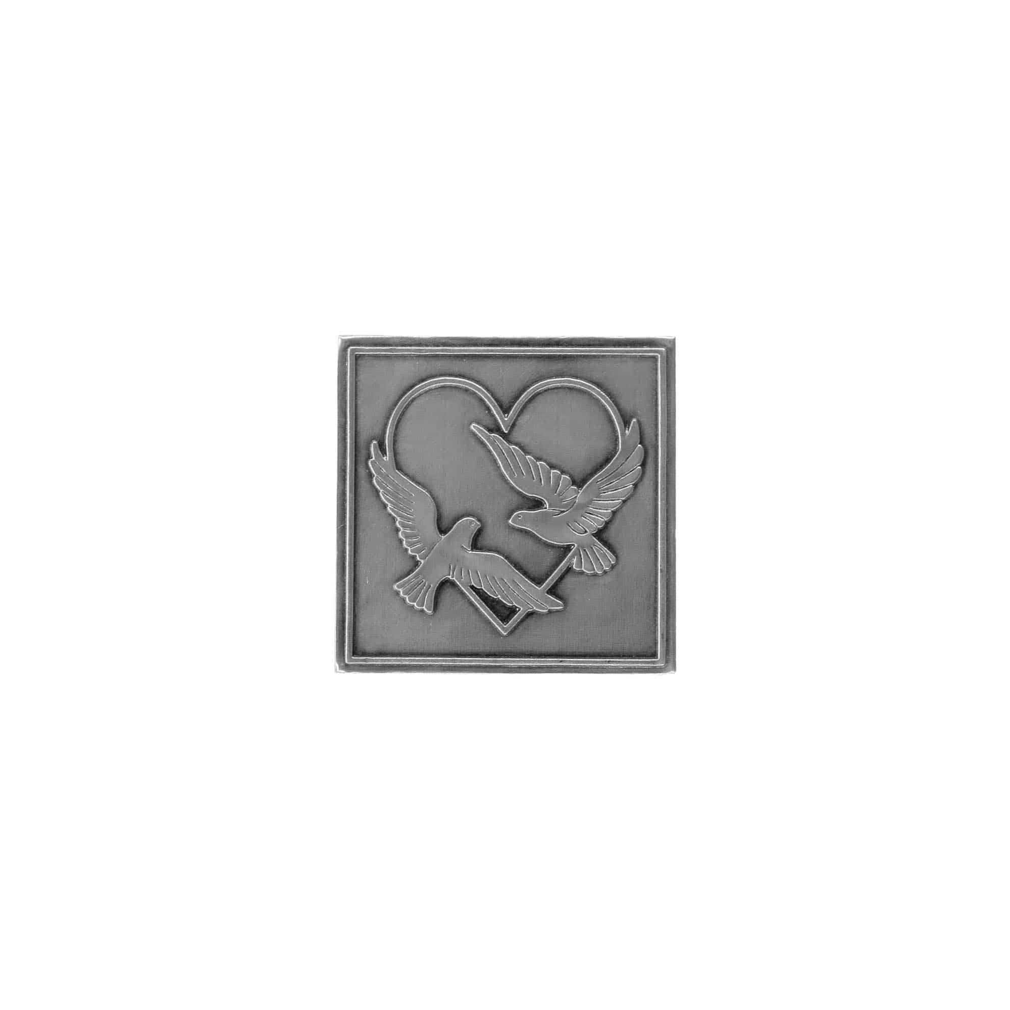 Zinnetikett 'Hochzeitstauben', quadratisch, Metall, silber Zinnetikett 'Hochzeitstauben', quadratisch, Metall, silber