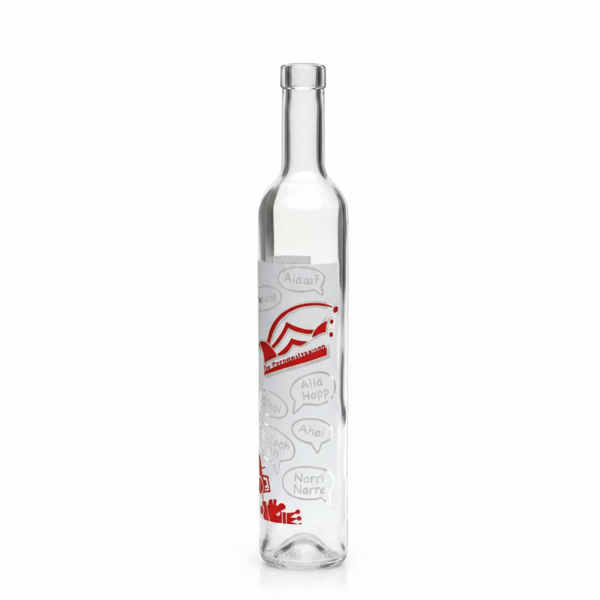 500 ml Glasflasche Maximo bedruckt „Karneval“, Mündung: Kork