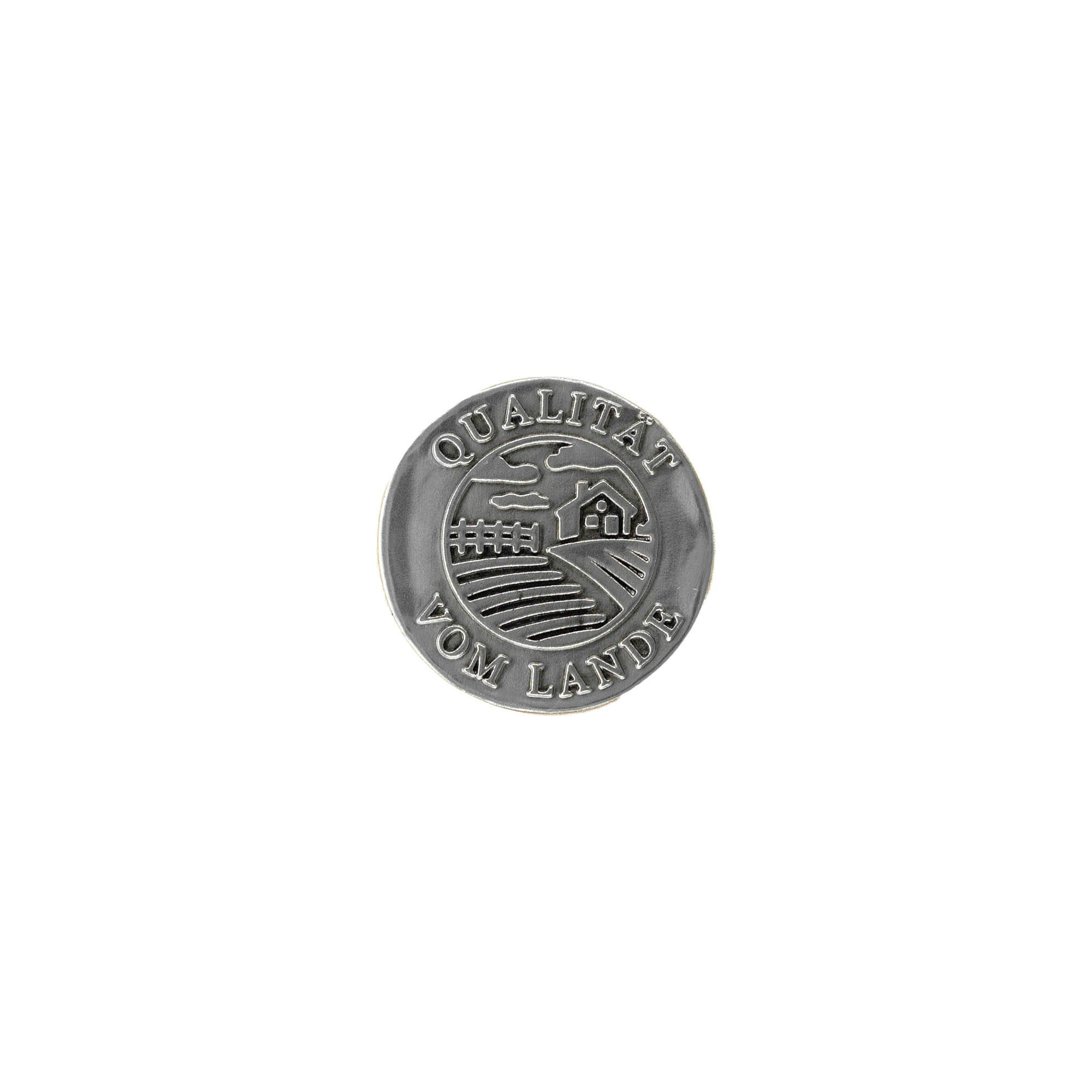 Zinnetikett 'Qualität vom Lande', rund, Metall, silber Zinnetikett 'Qualität vom Lande', rund, Metall, silber