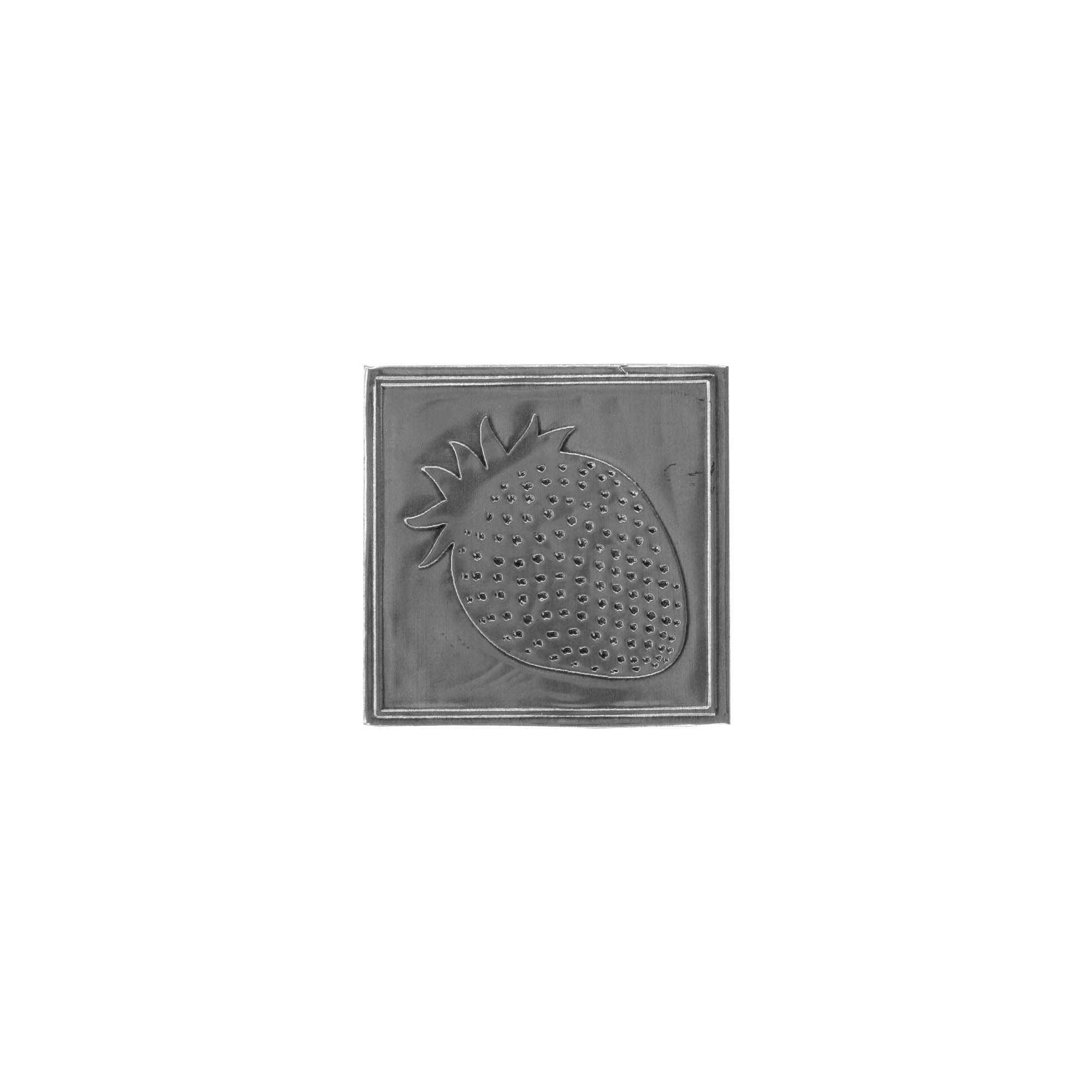 Zinnetikett „Erdbeere“, quadratisch, Metall, silber