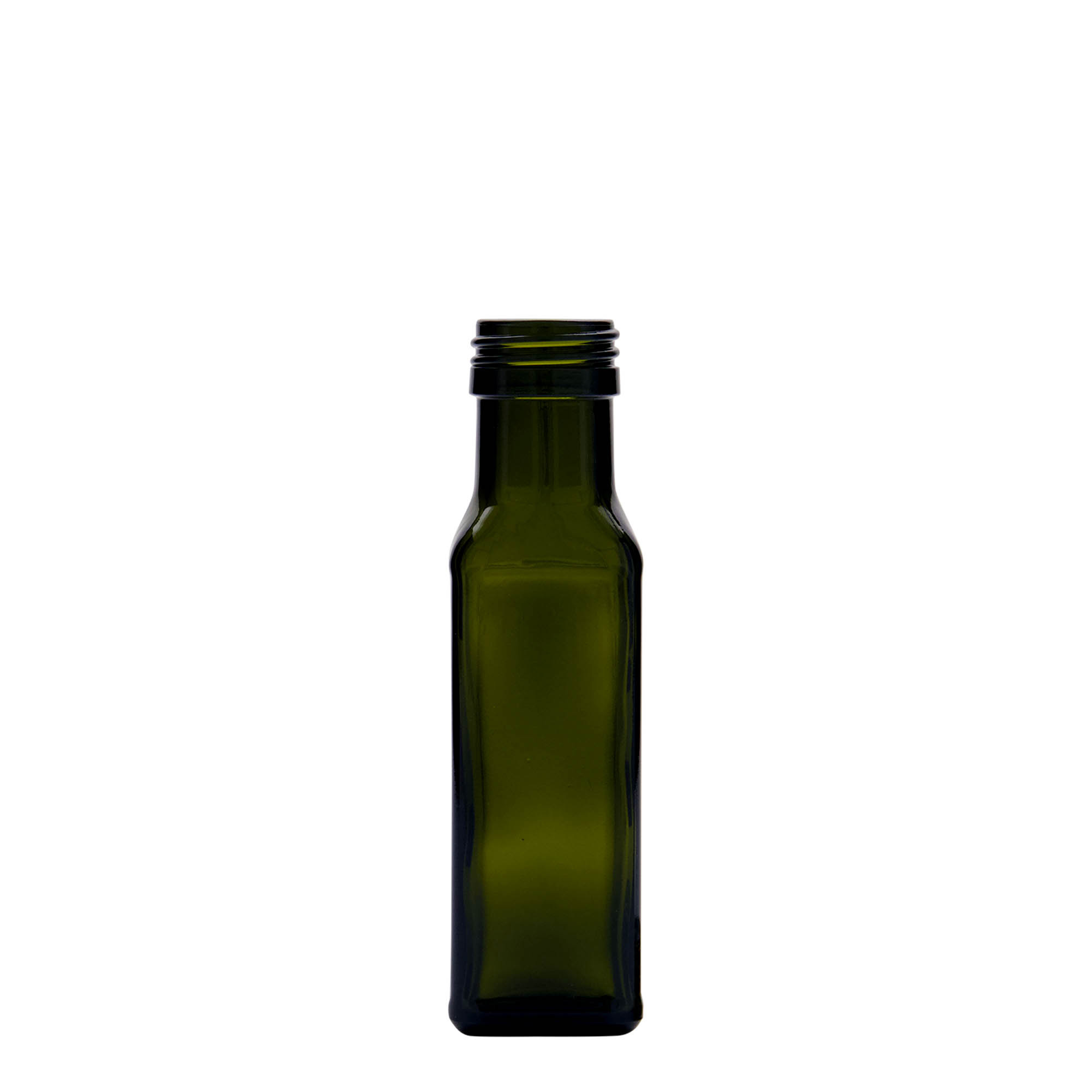 100 ml Glasflasche 'Marasca', quadratisch, antikgrün, Mündung: PP 31,5 100 ml Glasflasche 'Marasca', quadratisch, antikgrün, Mündung: PP 31,5