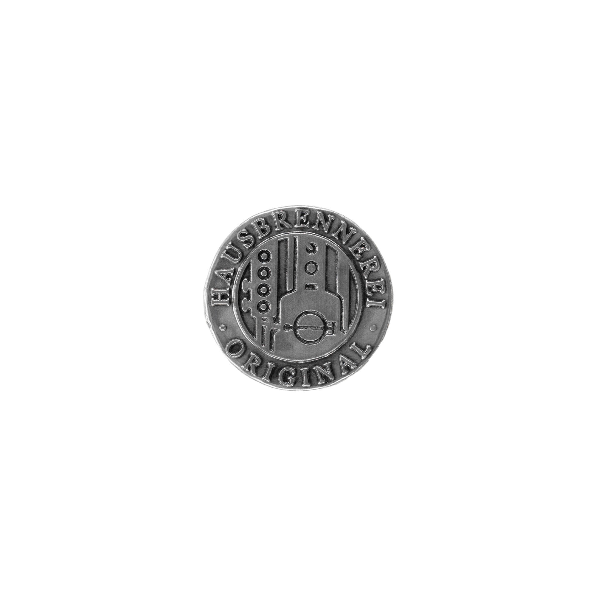 Zinnetikett 'Hausbrennerei', rund, Metall, silber Zinnetikett 'Hausbrennerei', rund, Metall, silber