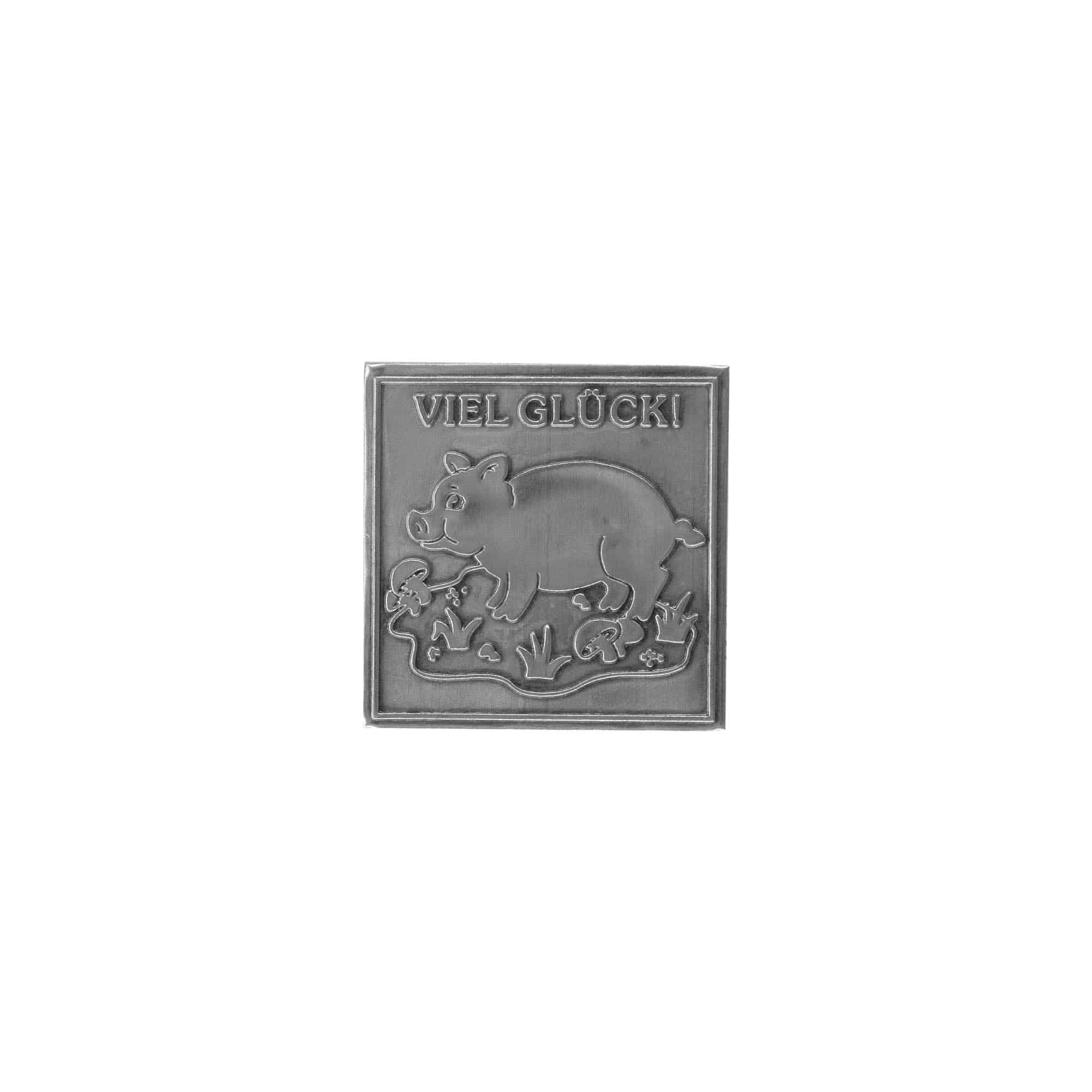 Zinnetikett „Viel Glück“, quadratisch, Metall, silber