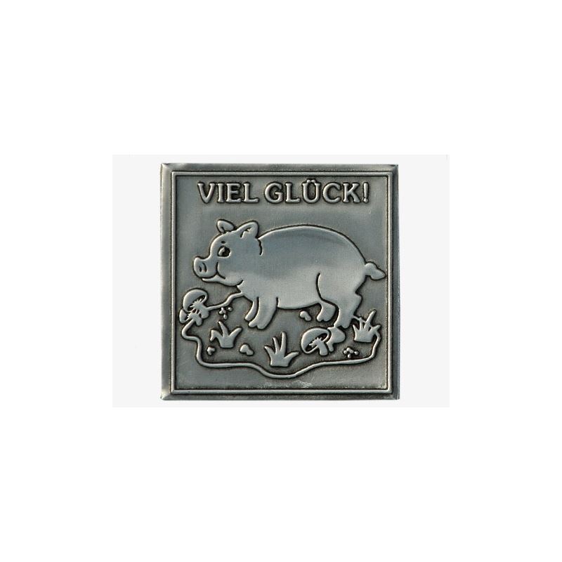 Zinnetikett 'Viel Glück', quadratisch, Metall, silber Zinnetikett 'Viel Glück', quadratisch, Metall, silber
