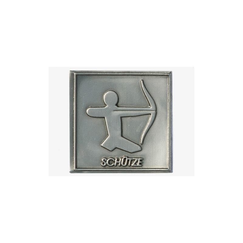 Zinnetikett „Schütze“, quadratisch, Metall, silber