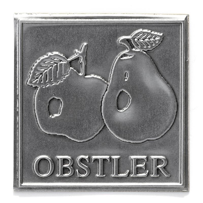 Zinnetikett „Obstler“, quadratisch, Metall, silber