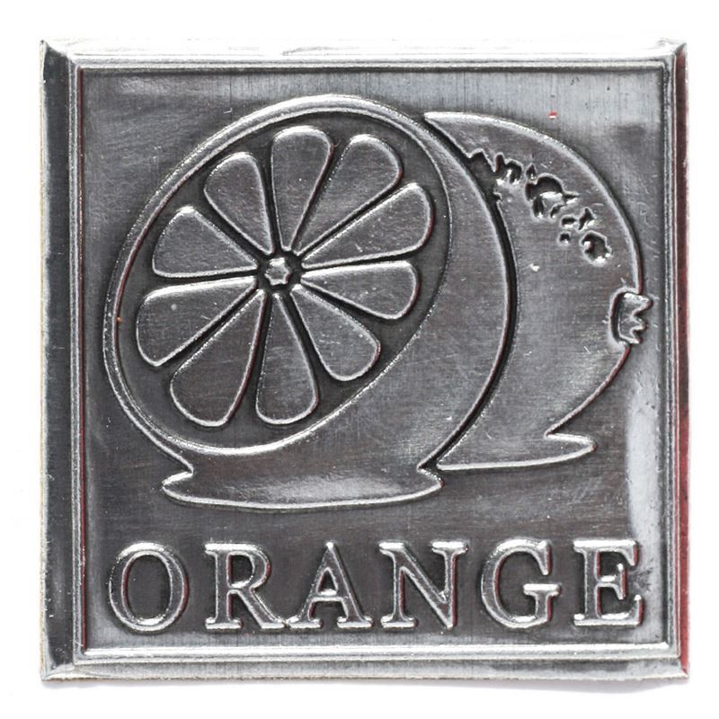 Zinnetikett 'Orange', quadratisch, Metall, silber Zinnetikett 'Orange', quadratisch, Metall, silber