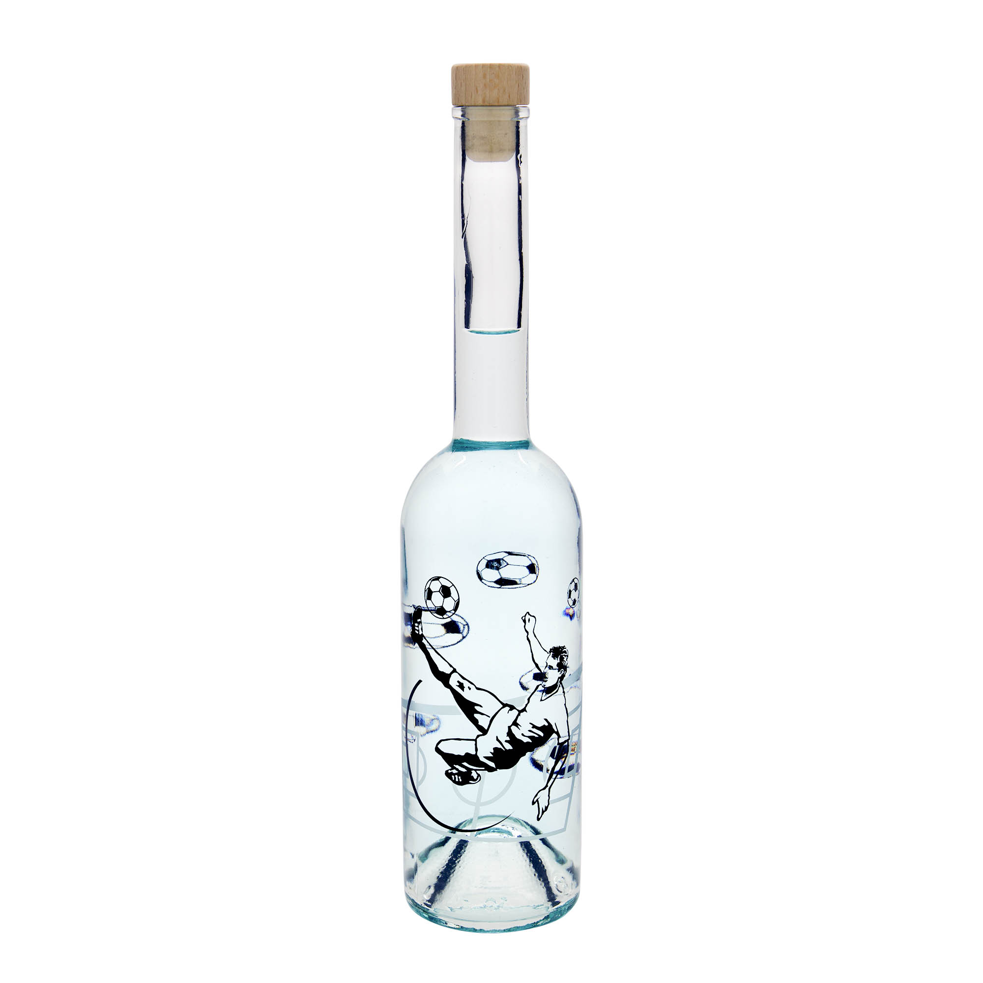 500 ml Glasflasche 'Opera', Motiv: Fußballspieler, Mündung: Kork