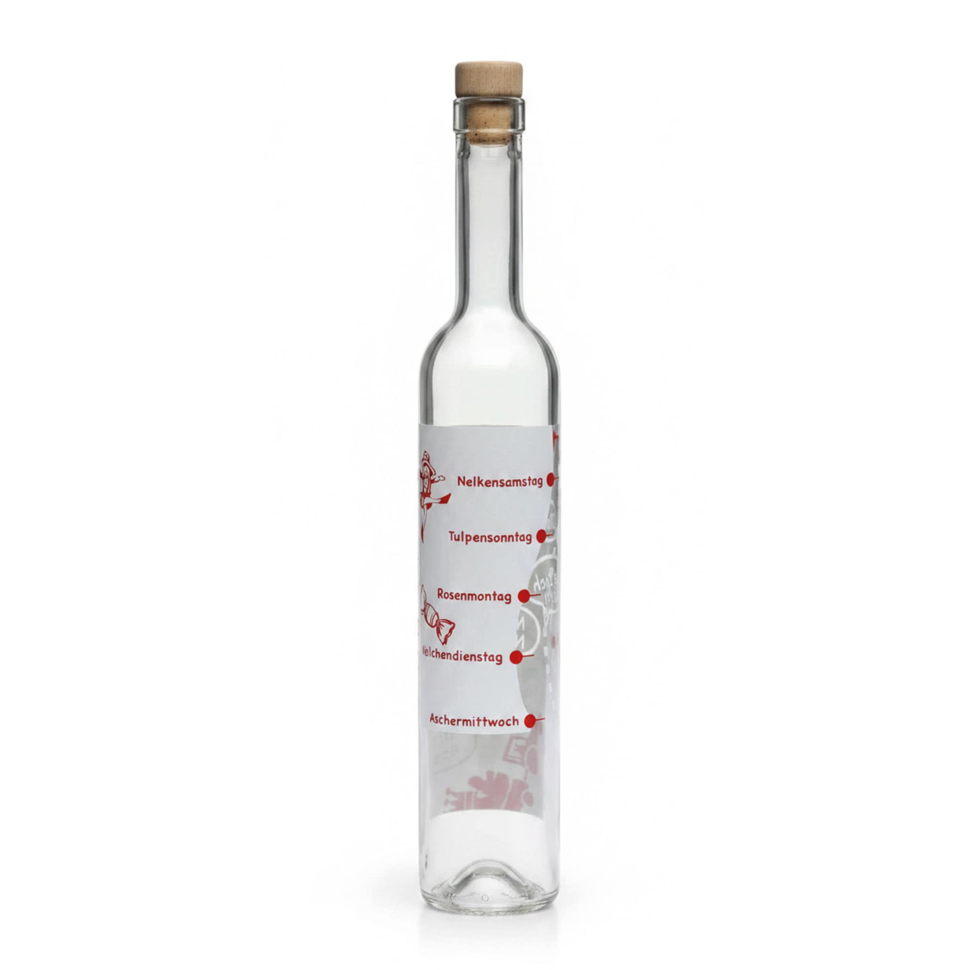 500 ml Glasflasche Maximo bedruckt 'Karneval', Mündung: Kork