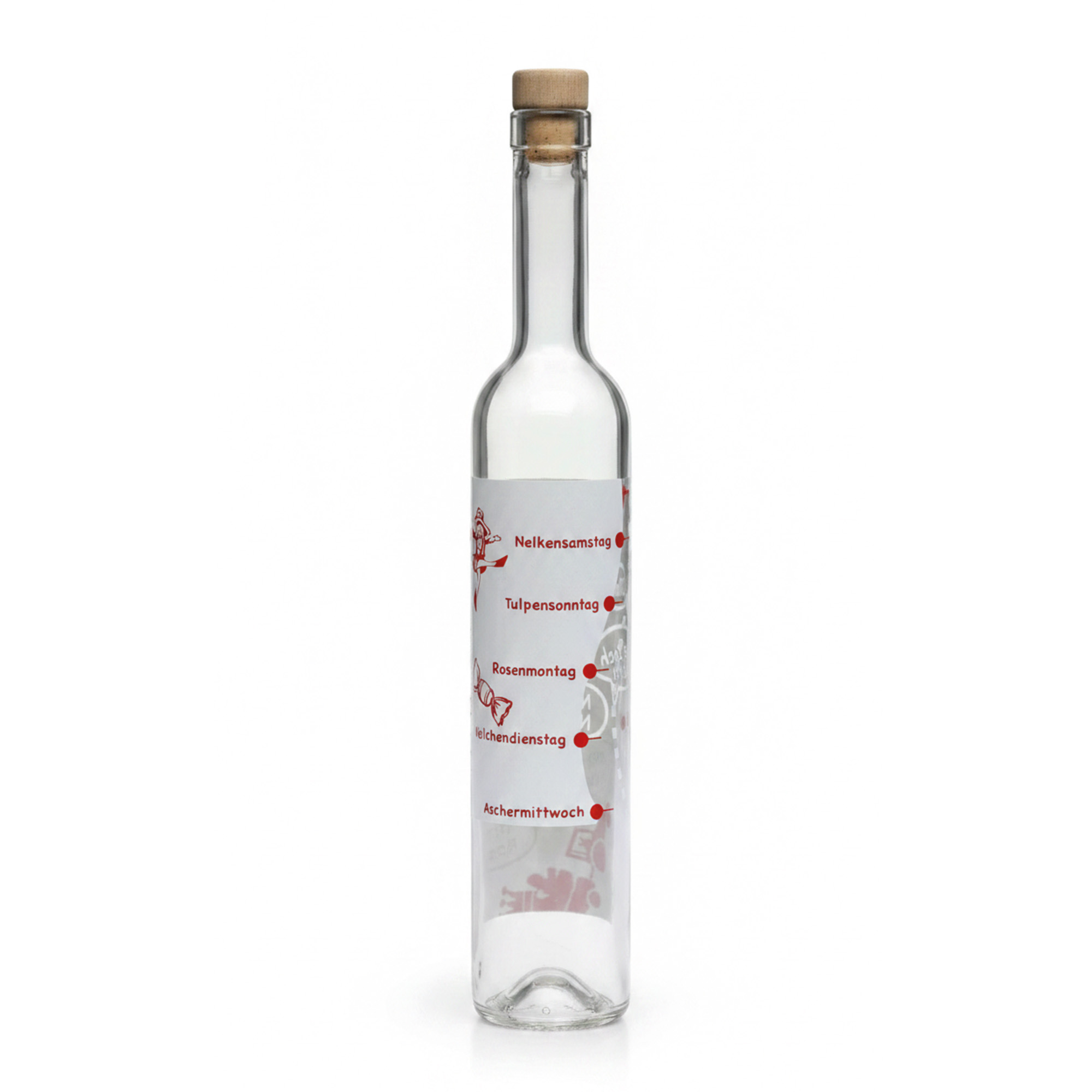 500 ml Glasflasche Maximo bedruckt 'Karneval', Mündung: Kork 500 ml Glasflasche Maximo bedruckt 'Karneval', Mündung: Kork