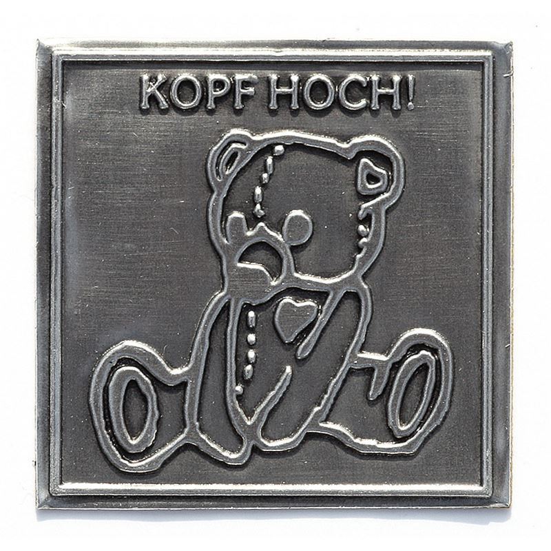 Zinnetikett 'Kopf Hoch', quadratisch, Metall, silber Zinnetikett 'Kopf Hoch', quadratisch, Metall, silber