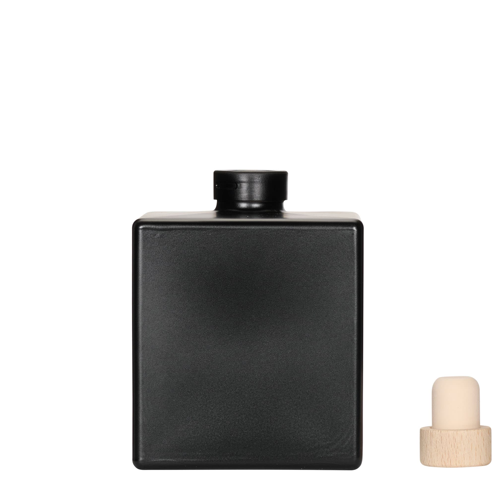500 ml Glasflasche 'Cube', quadratisch, schwarz, Mündung: Kork