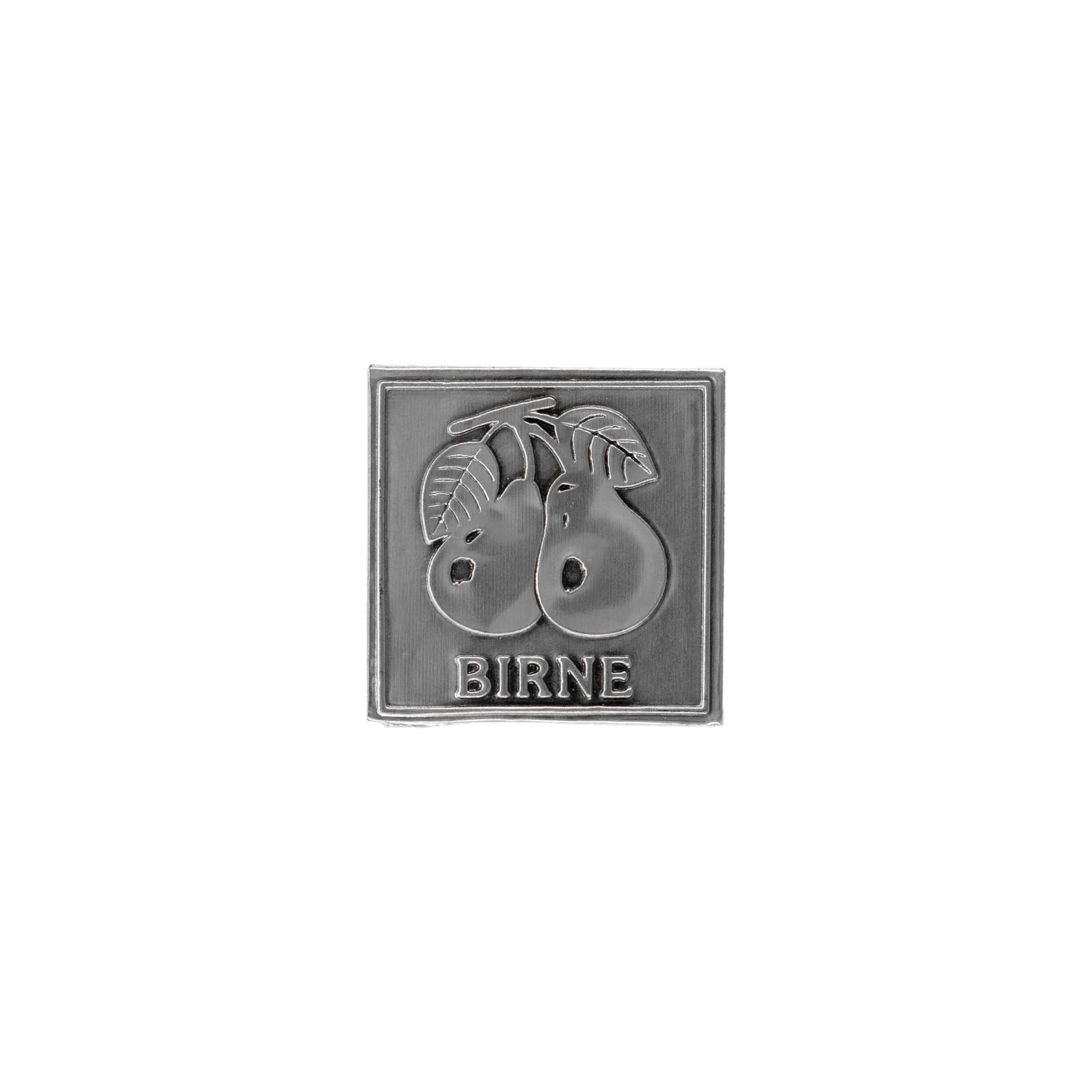 Zinnetikett „Birne“, quadratisch, Metall, silber