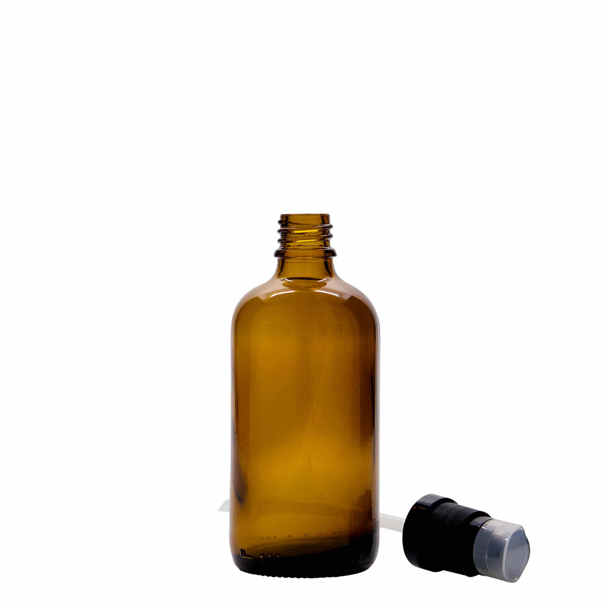 100 ml Medizinflasche mit Lotionspumpe, Glas, braun, Mündung: DIN 18 100 ml Medizinflasche mit Lotionspumpe, Glas, braun, Mündung: DIN 18