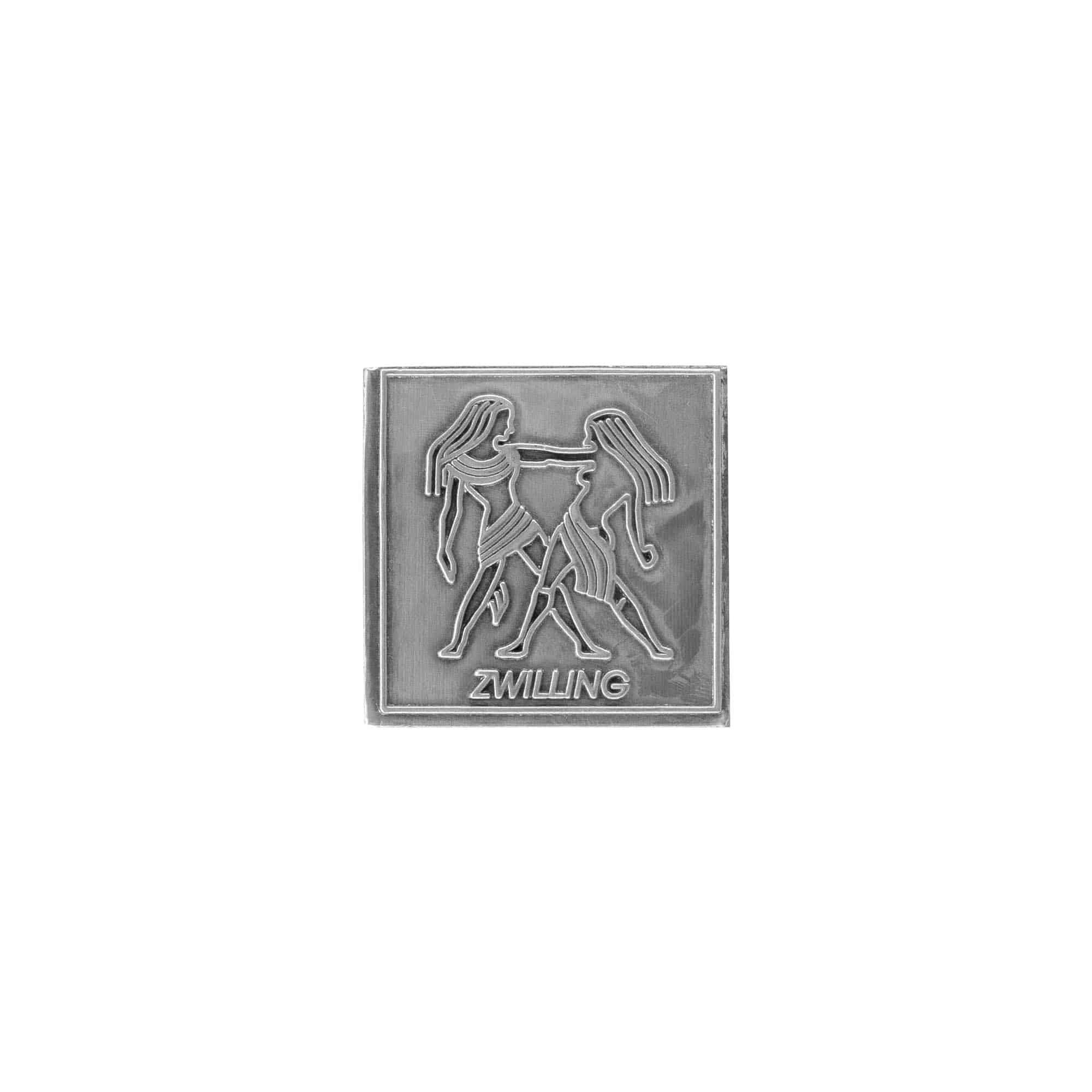 Zinnetikett „Zwilling“, quadratisch, Metall, silber