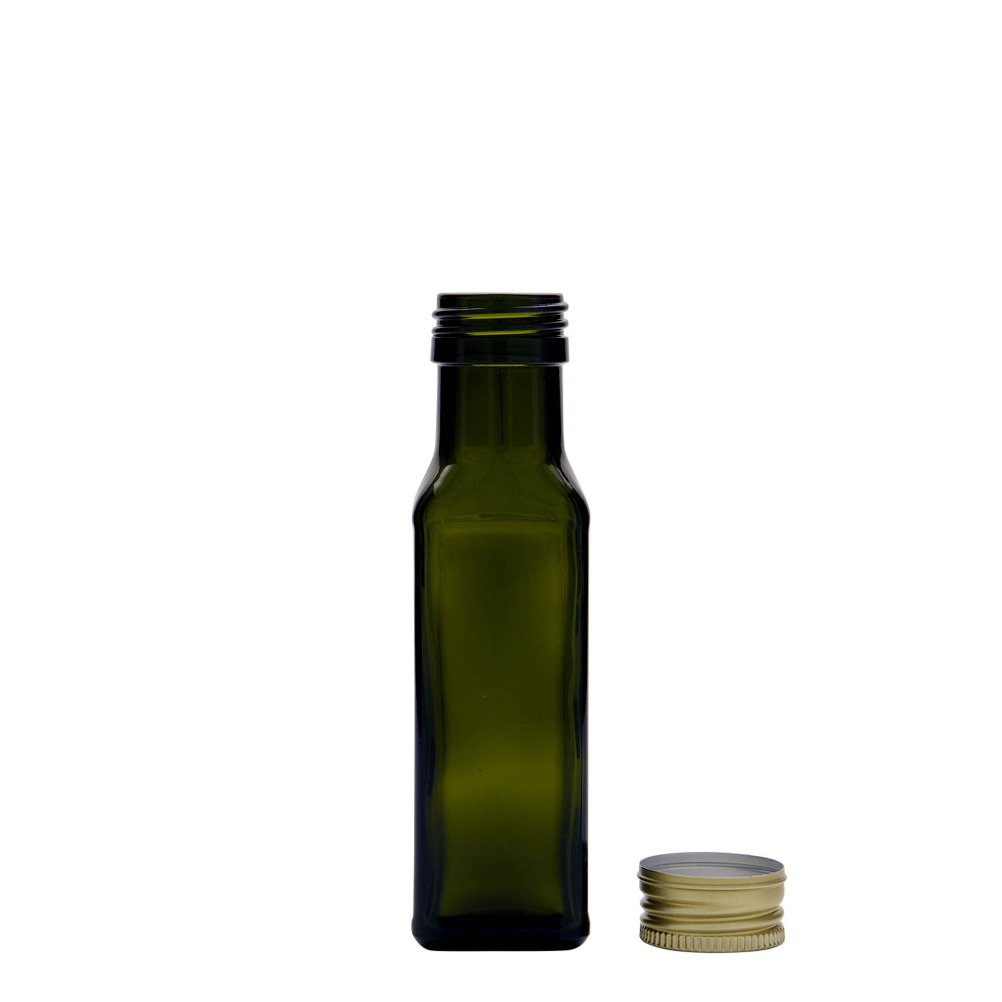 100 ml Glasflasche „Marasca“, quadratisch, antikgrün, Mündung: PP 31,5