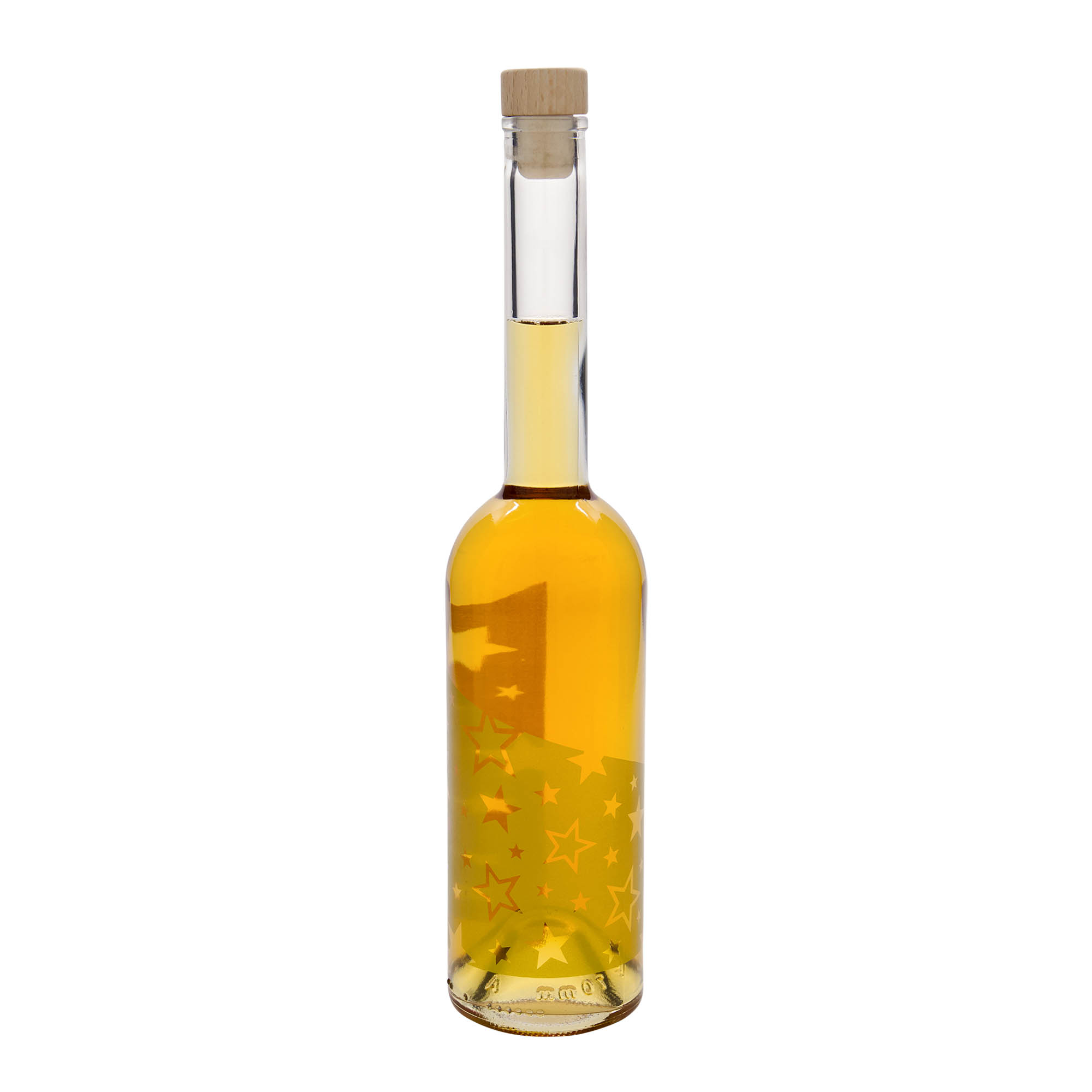 500 ml Glasflasche 'Opera', Motiv: Goldsterne, Mündung: Kork