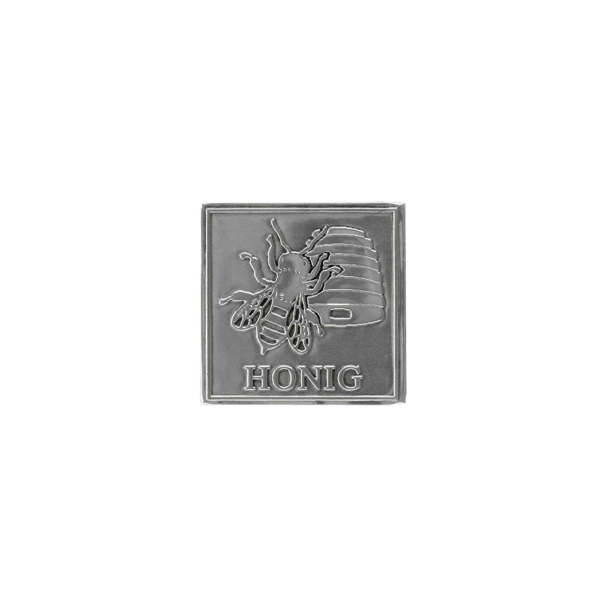 Zinnetikett „Honig“, quadratisch, Metall, silber